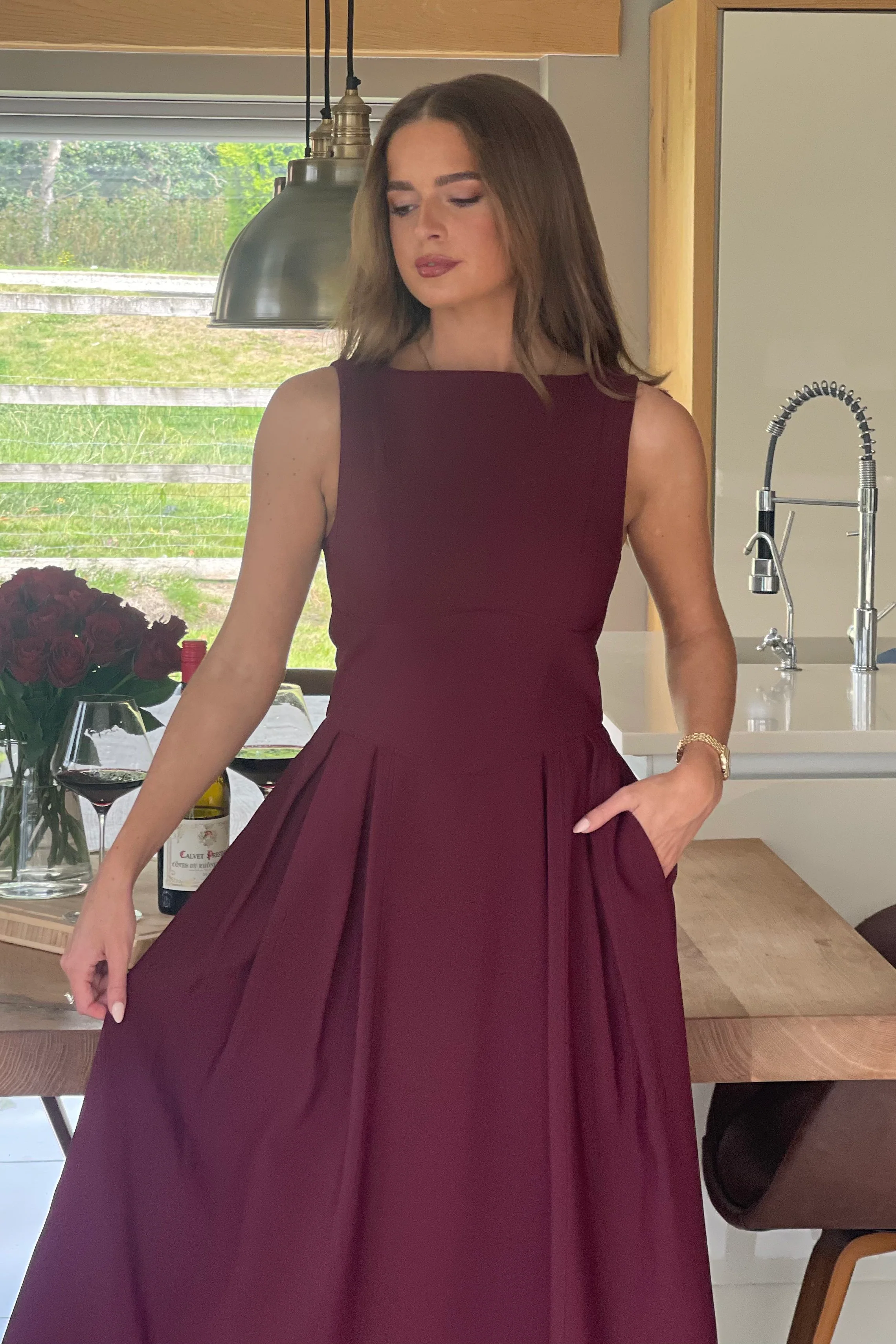 Nesta Boat Neck Skater Midi Dress Berry - Image 3