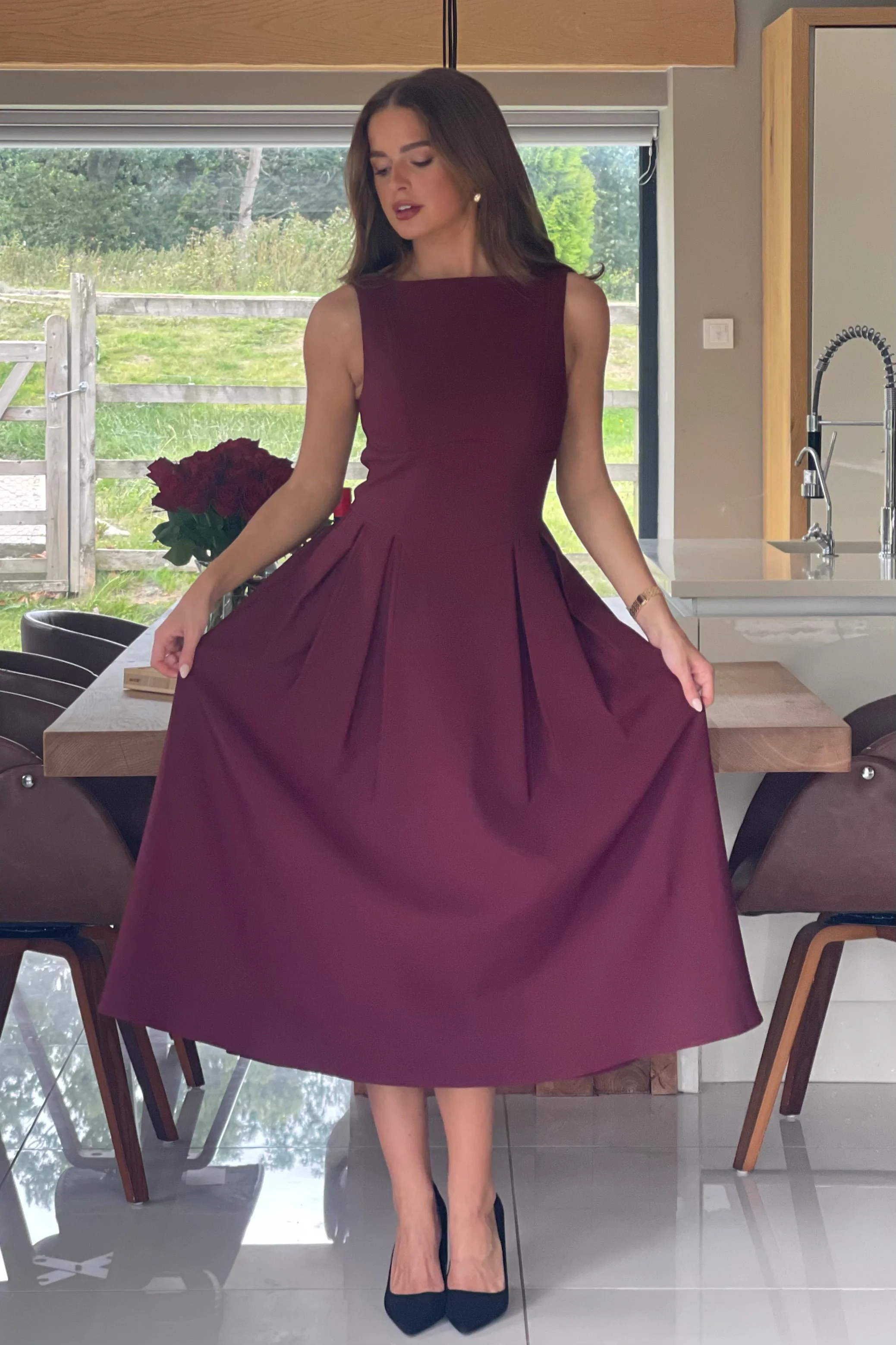 Nesta Boat Neck Skater Midi Dress Berry - Image 4