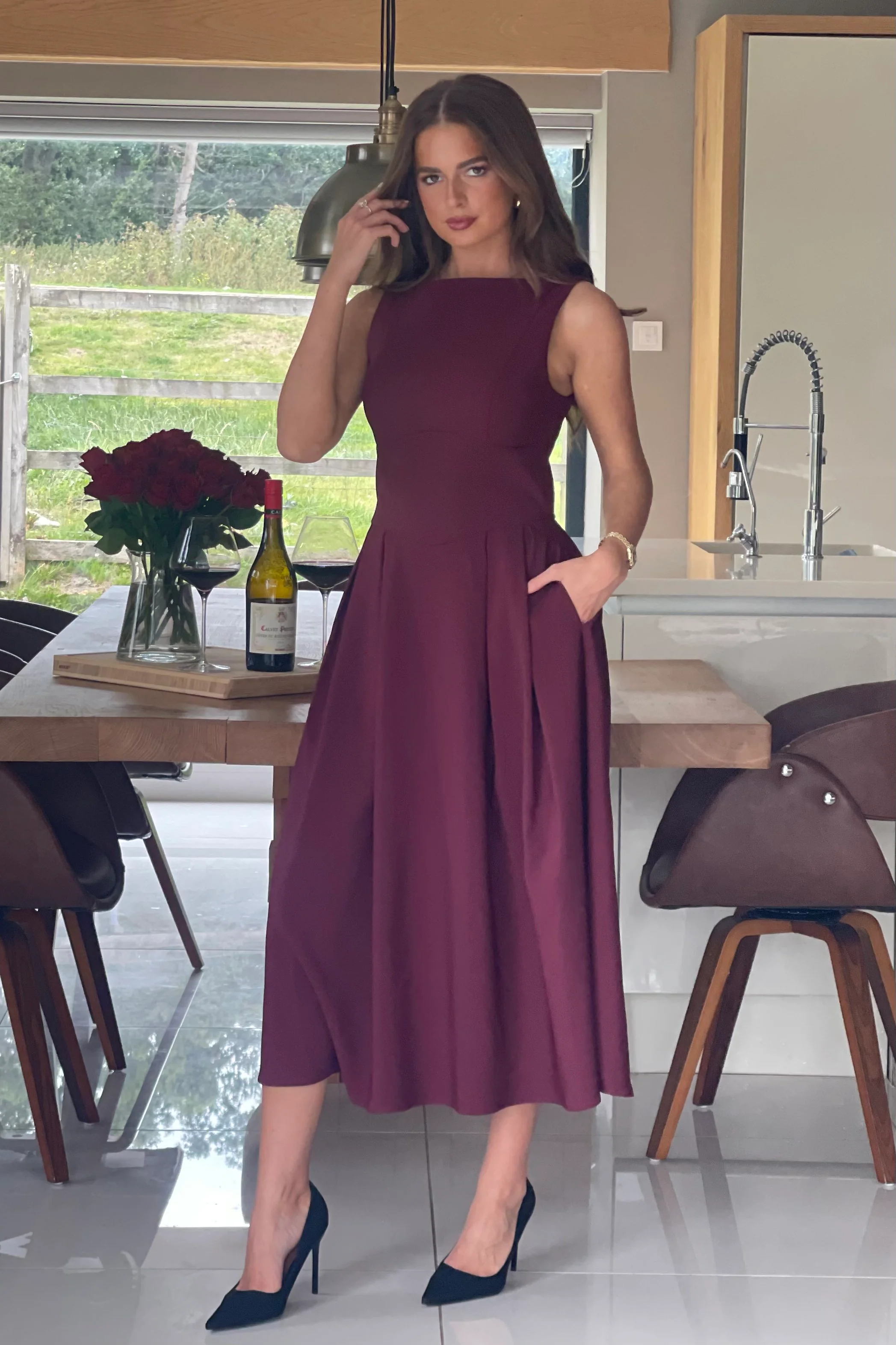 Nesta Boat Neck Skater Midi Dress Berry - Image 5
