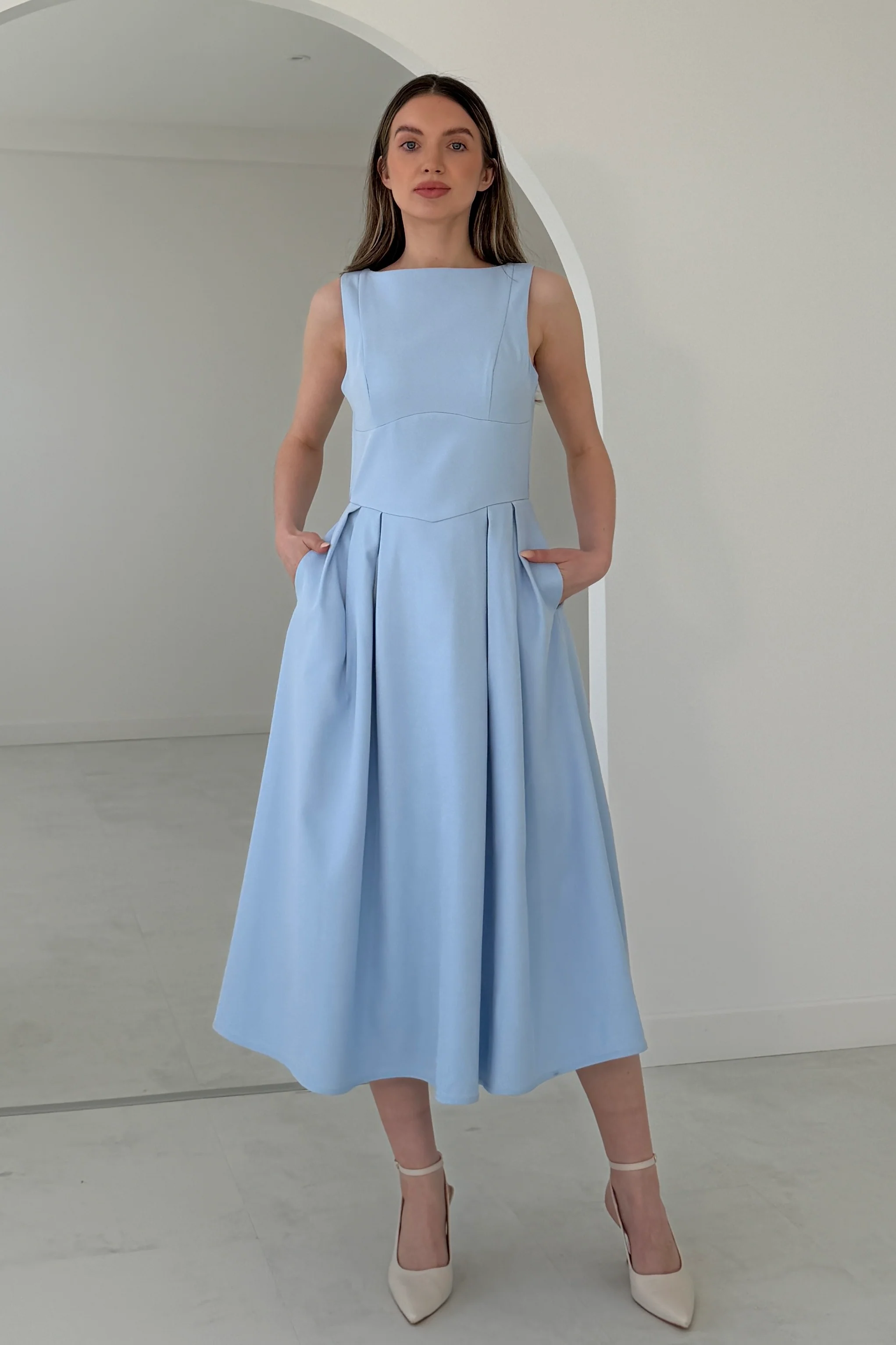 Nesta Boat Neck Skater Midi Dress Blue