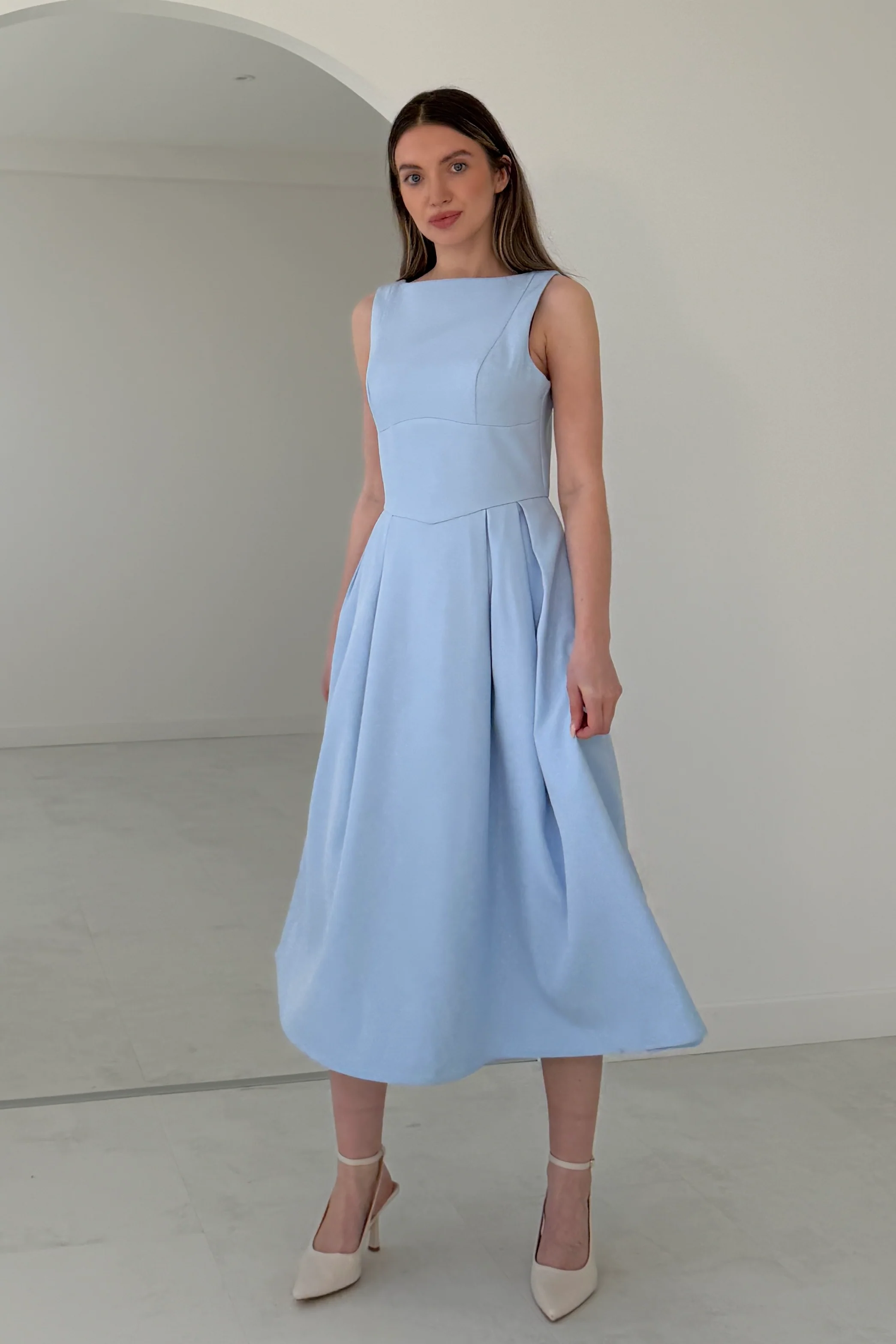 Nesta Boat Neck Skater Midi Dress Blue - Image 3
