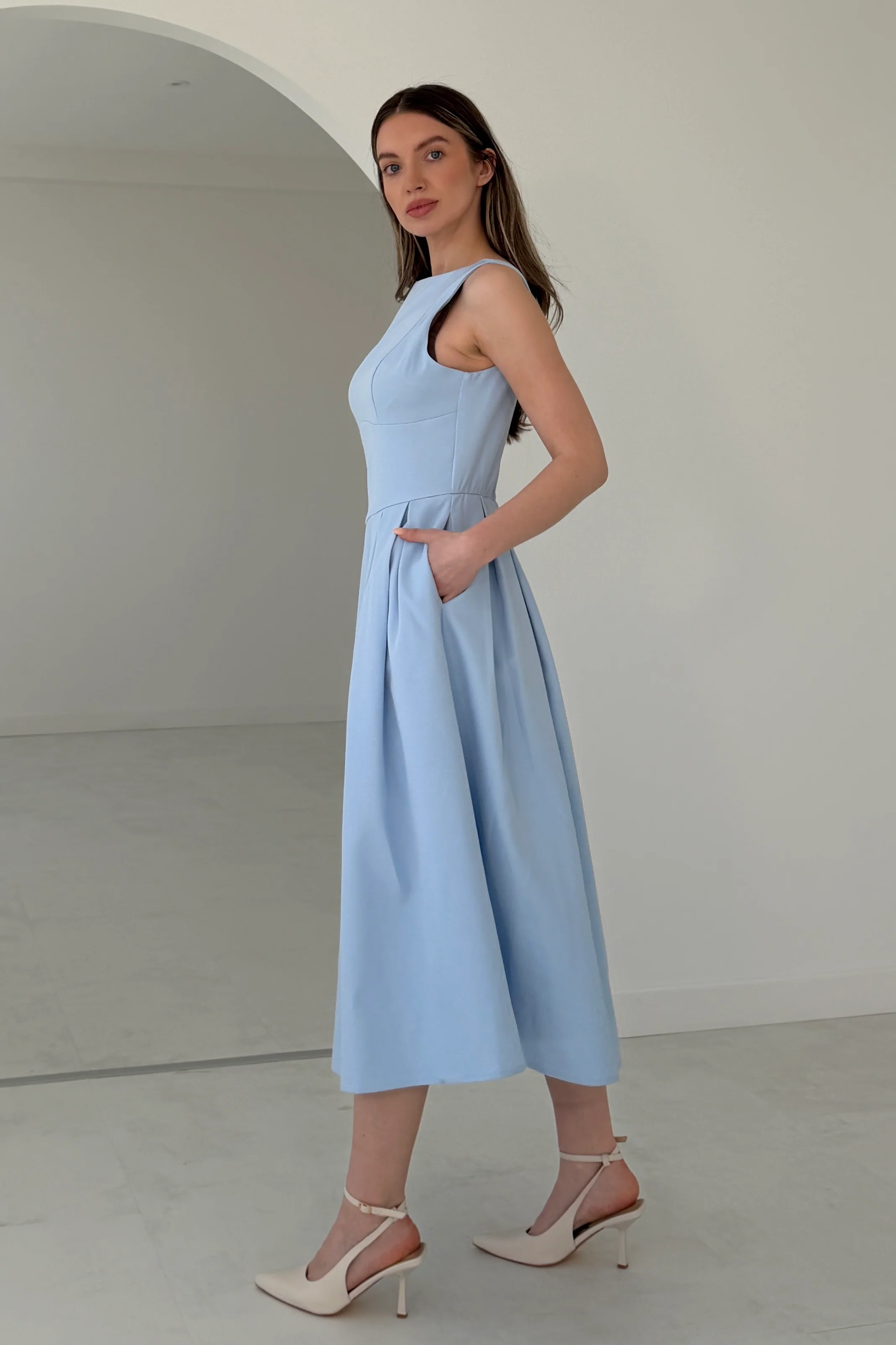 Nesta Boat Neck Skater Midi Dress Blue - Image 4