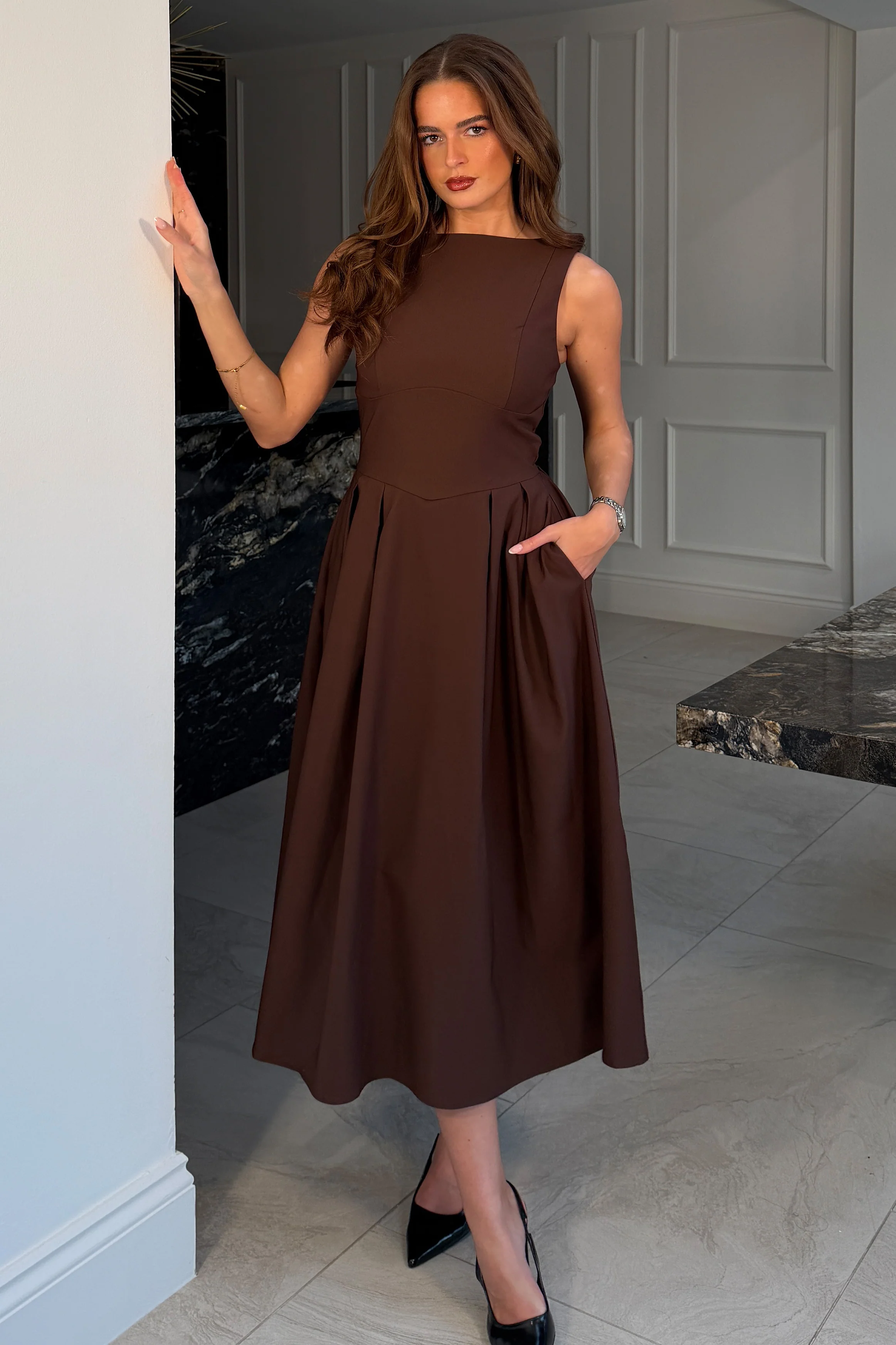 Nesta Boat Neck Skater Midi Dress Brown - Image 3