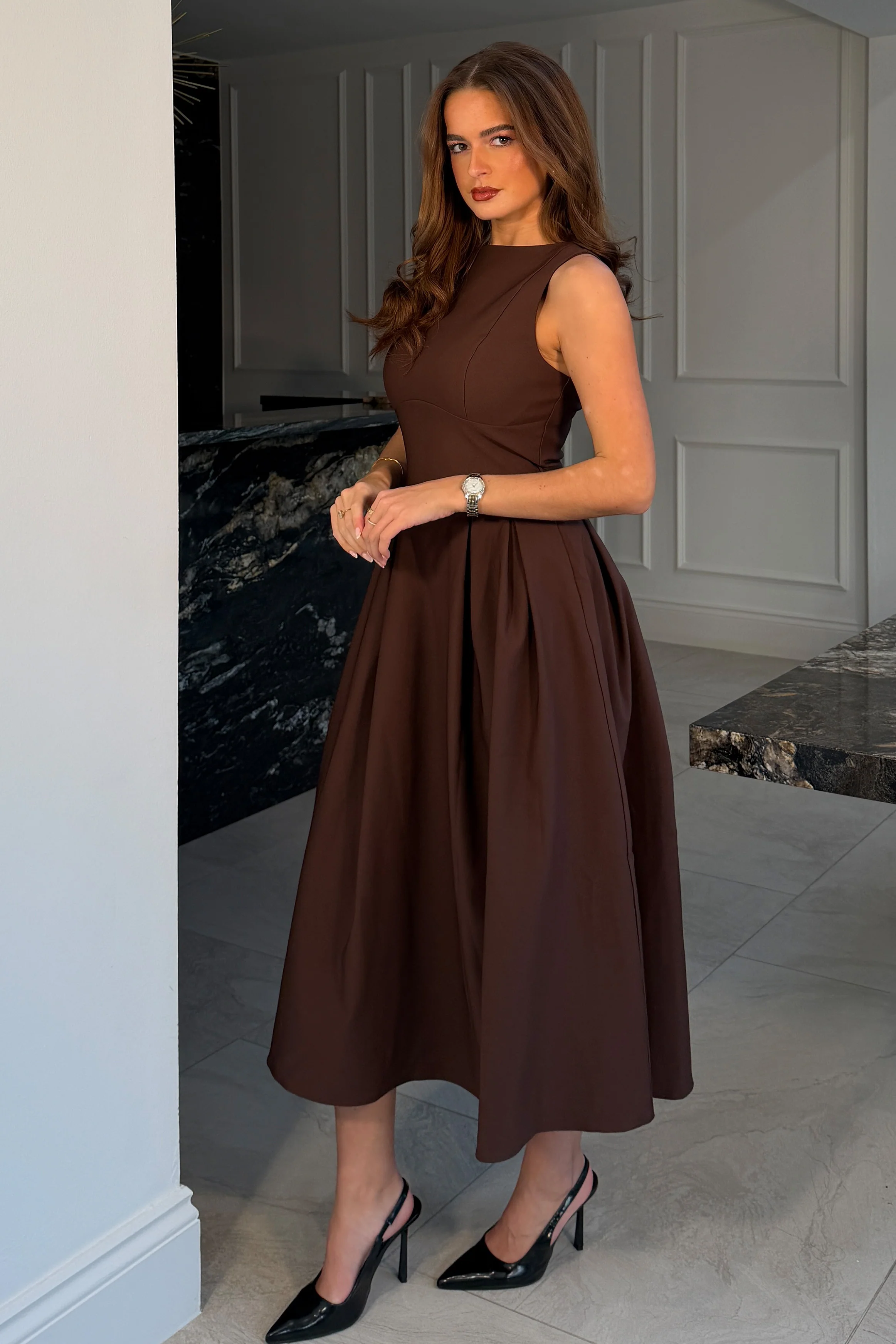 Nesta Boat Neck Skater Midi Dress Brown - Image 4