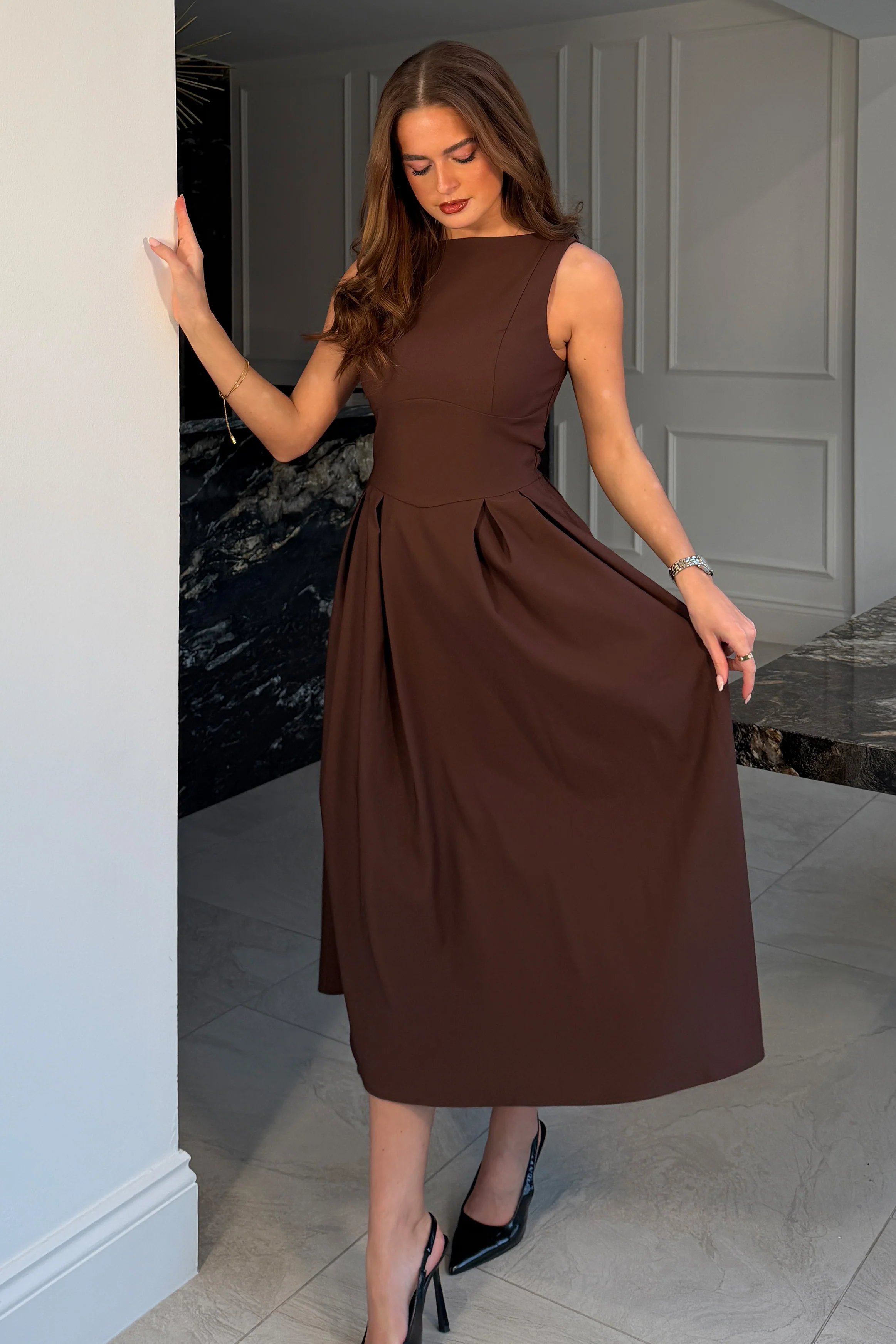 Nesta Boat Neck Skater Midi Dress Brown - Image 5