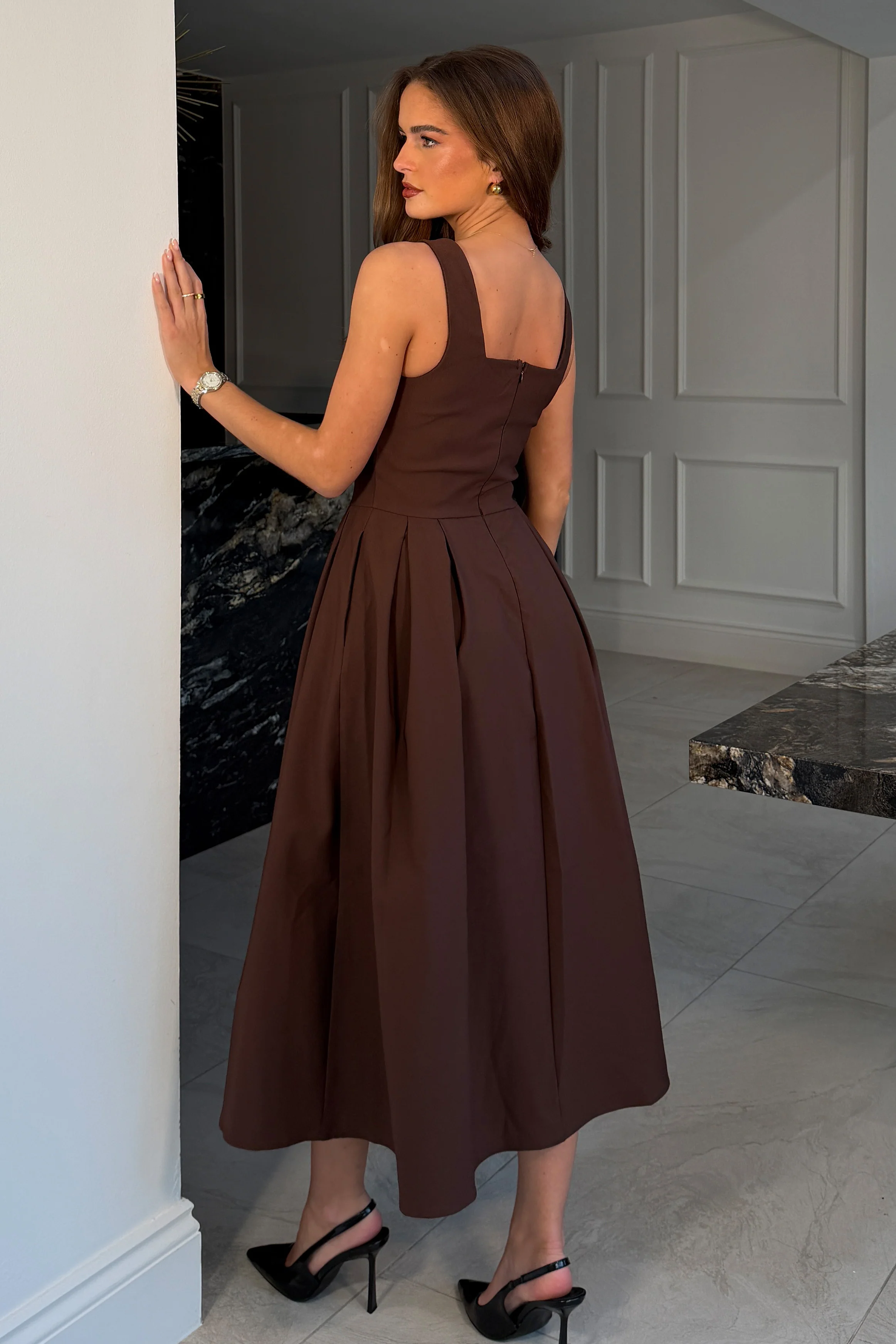 Nesta Boat Neck Skater Midi Dress Brown - Image 6