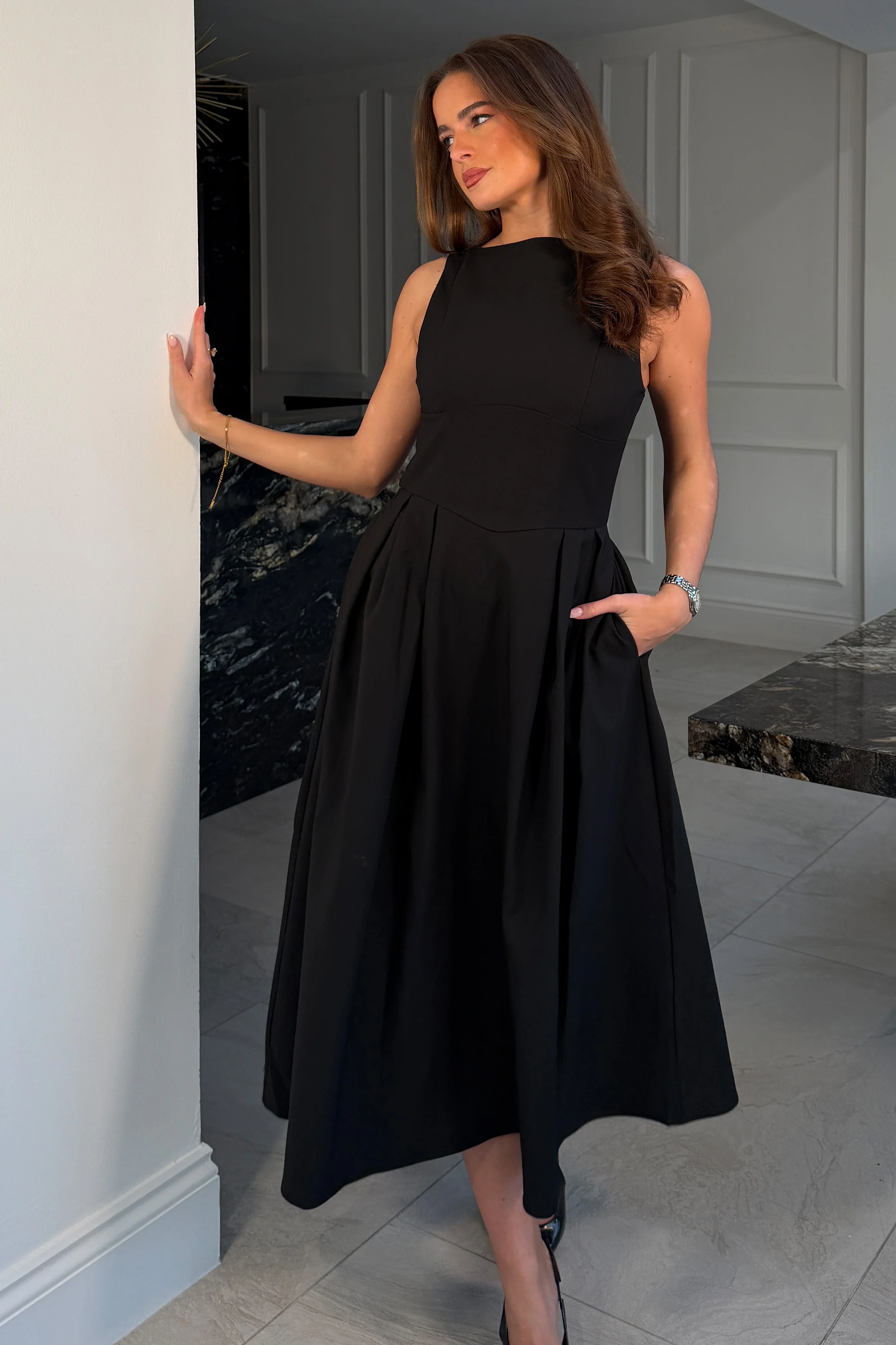 Nesta Boat Neck Skater Midi Dress Black - Image 3