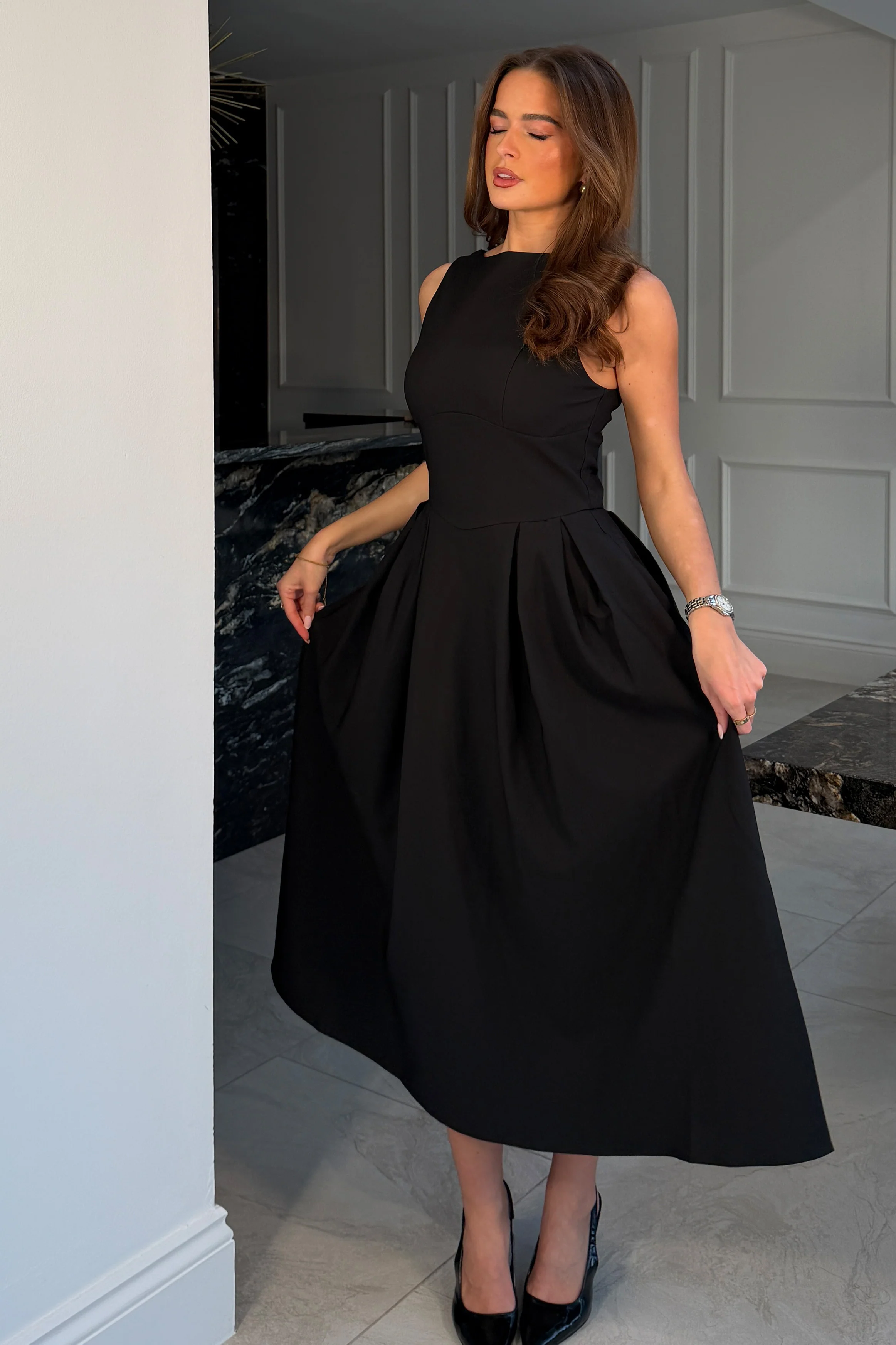 Nesta Boat Neck Skater Midi Dress Black - Image 4