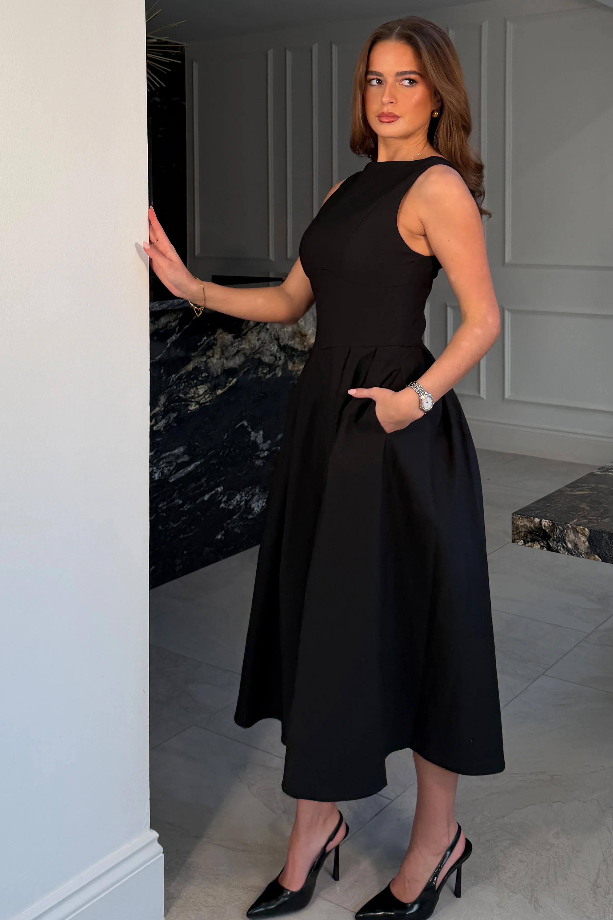 Nesta Boat Neck Skater Midi Dress Black - Image 5