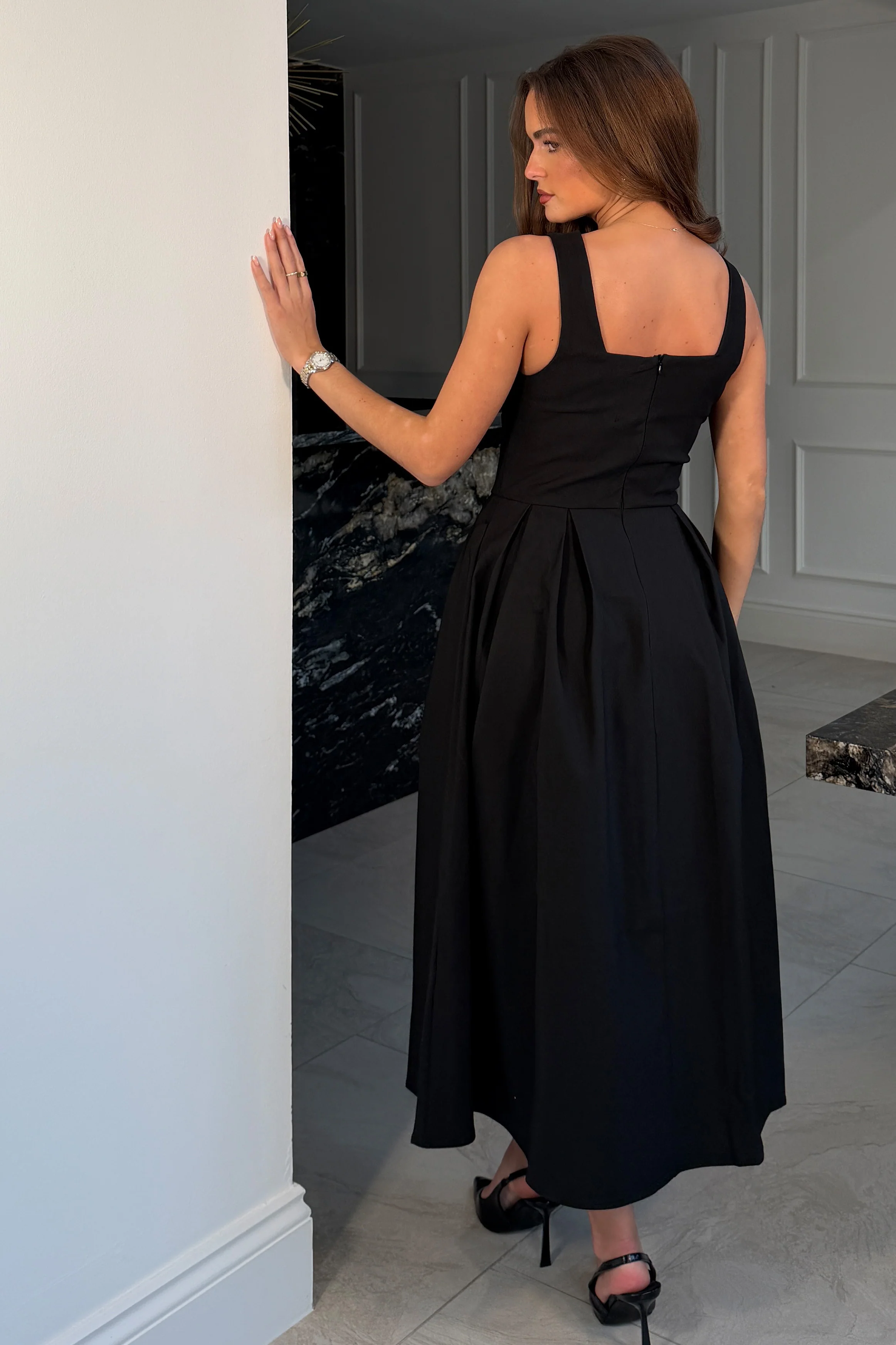 Nesta Boat Neck Skater Midi Dress Black - Image 6