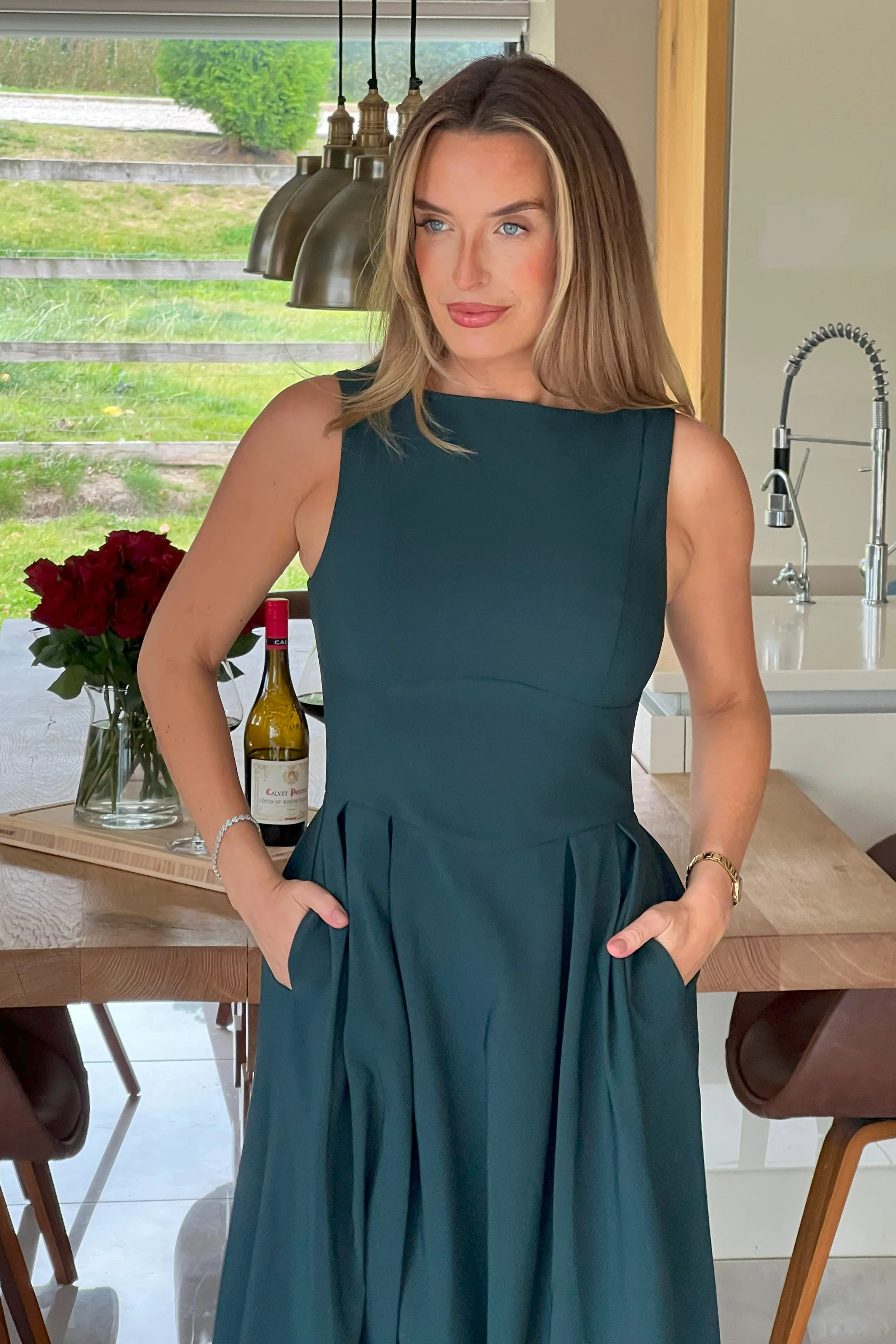 Nesta Boat Neck Skater Midi Dress Emerald Green - Image 3