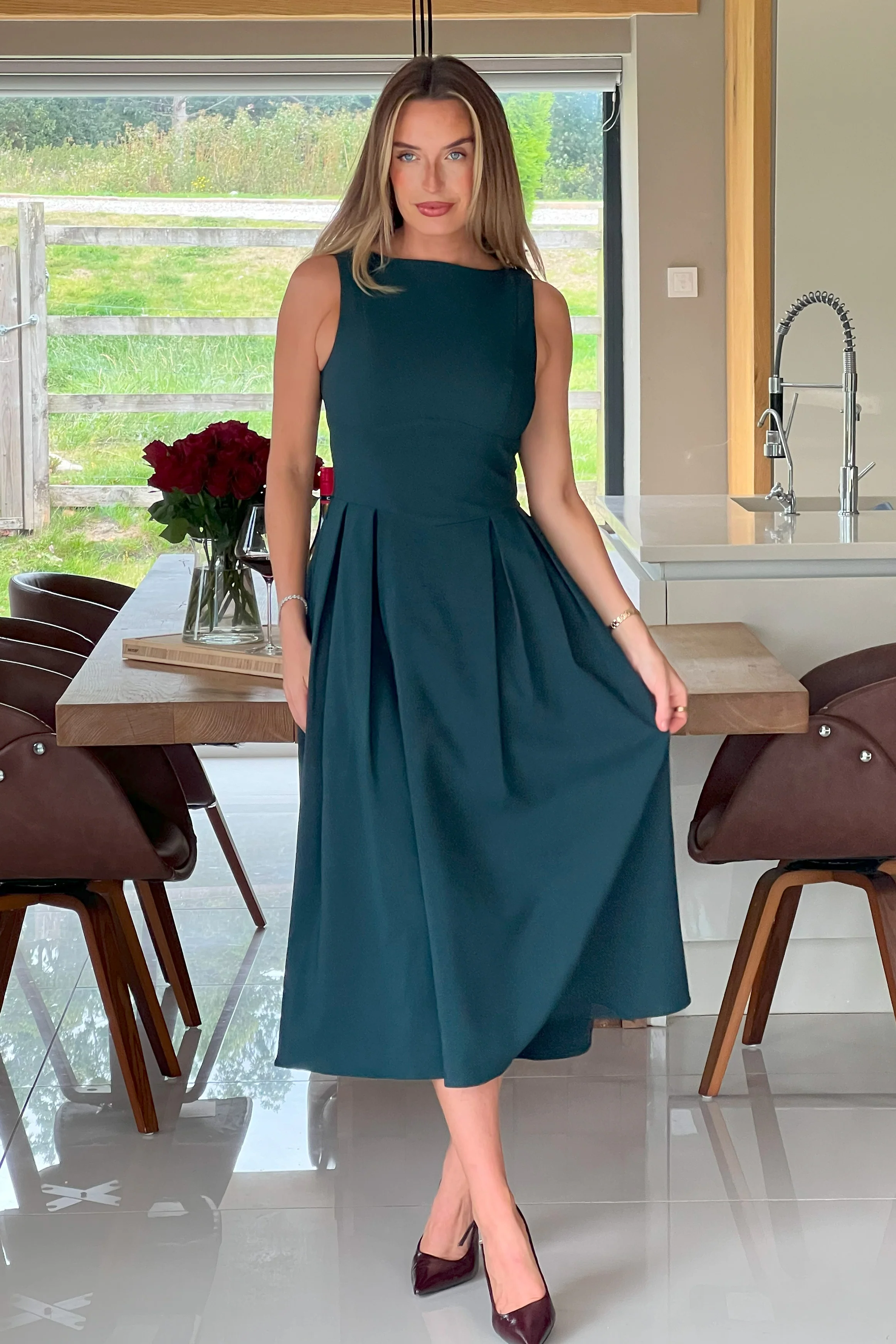 Nesta Boat Neck Skater Midi Dress Emerald Green - Image 4