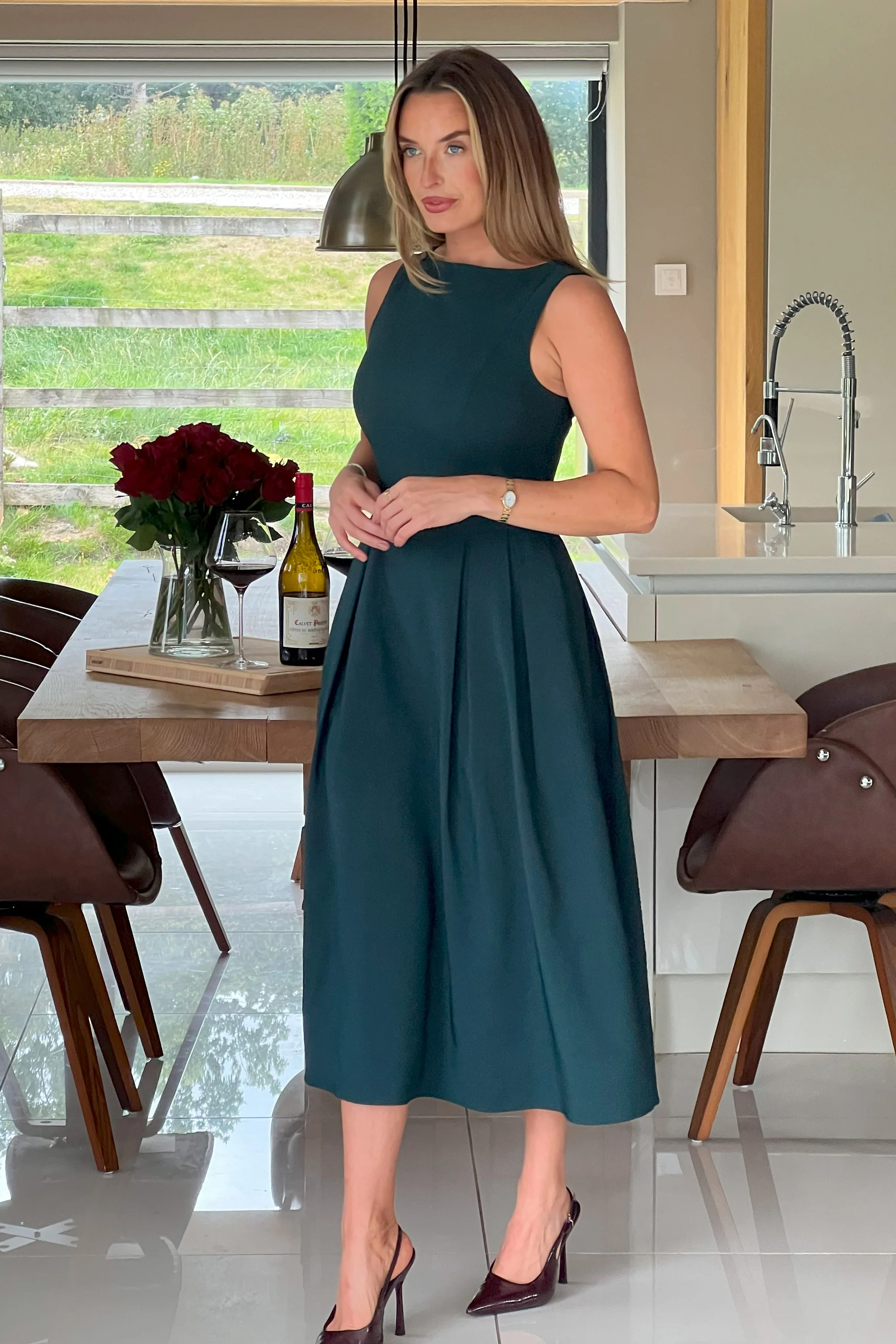 Nesta Boat Neck Skater Midi Dress Emerald Green - Image 5