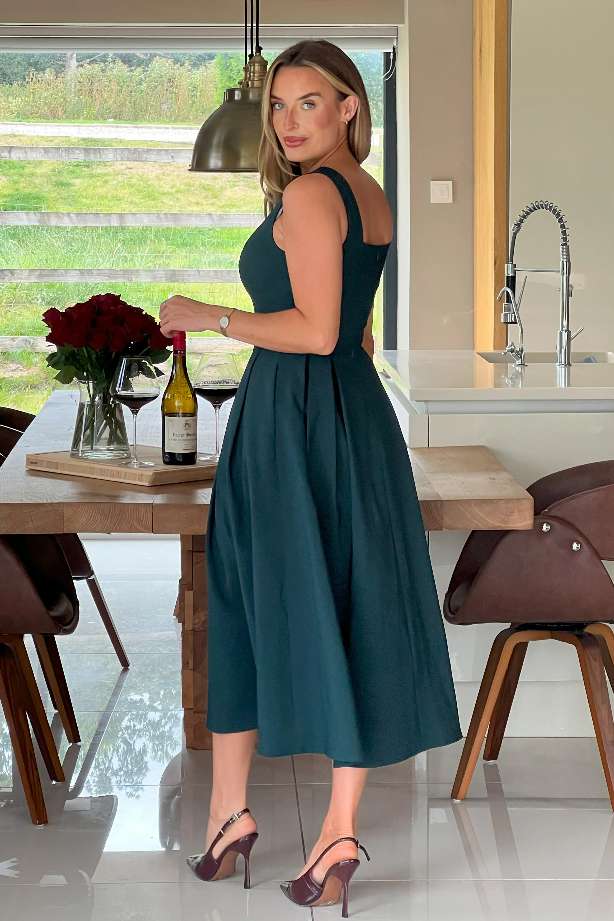 Nesta Boat Neck Skater Midi Dress Emerald Green - Image 6