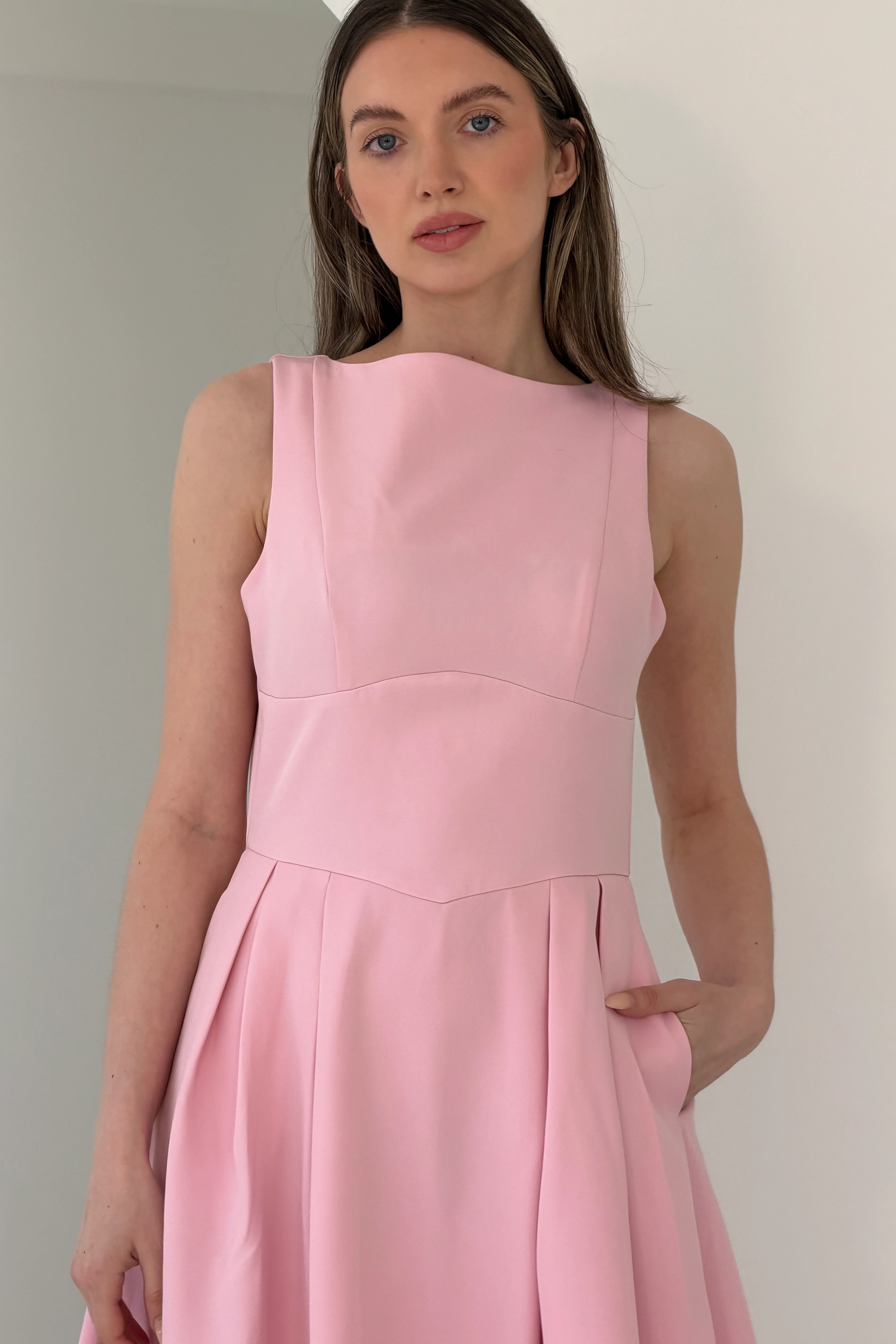 Nesta Boat Neck Skater Midi Dress Pink - Image 2