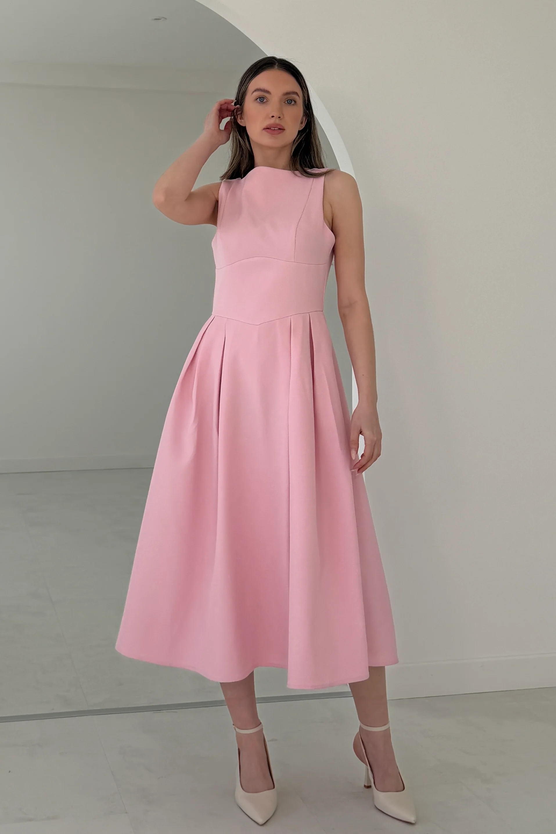 Nesta Boat Neck Skater Midi Dress Pink - Image 3