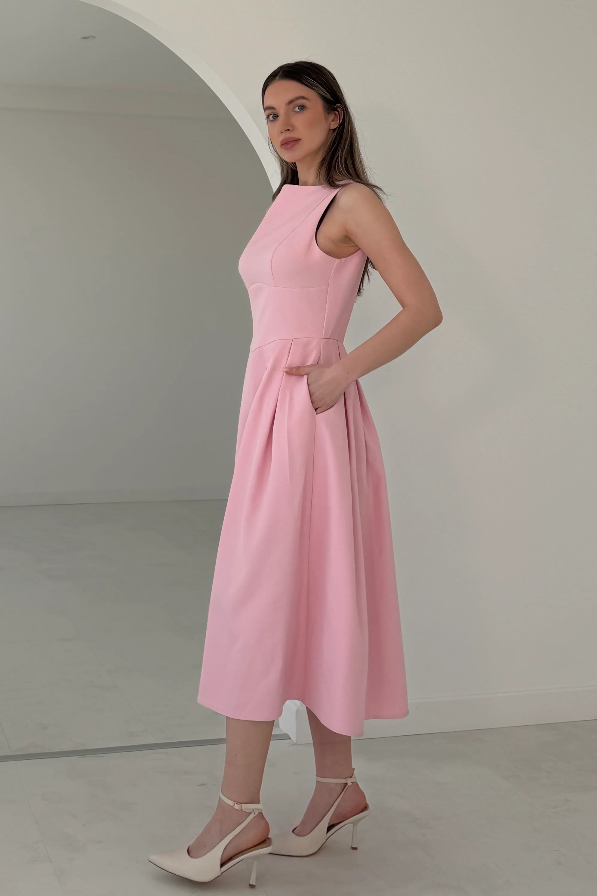Nesta Boat Neck Skater Midi Dress Pink - Image 4