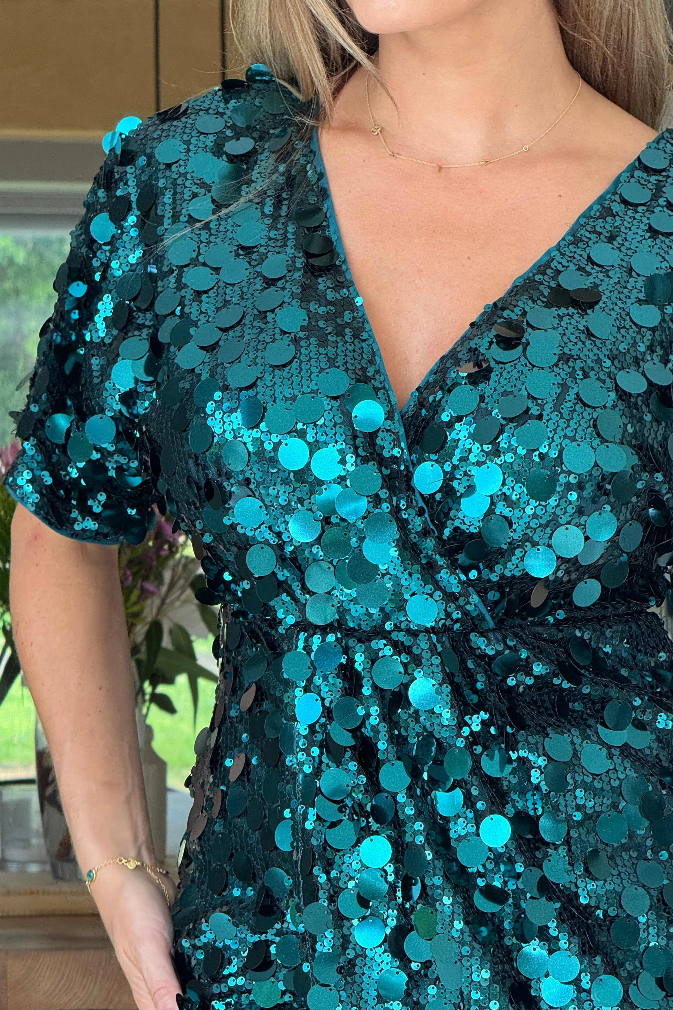Novah Green Sequin Wrap Detailing Midi Dress - Image 2