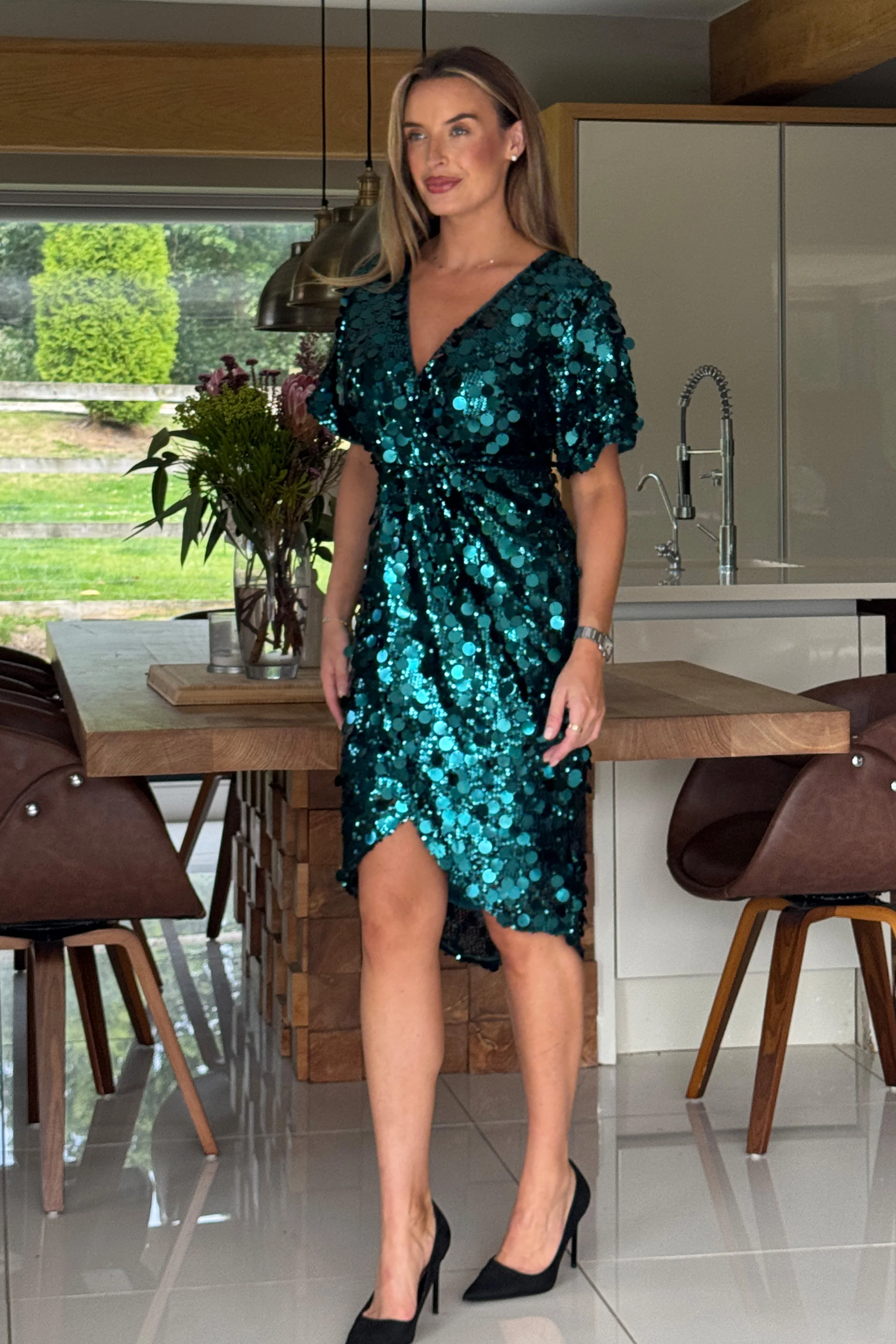Novah Green Sequin Wrap Detailing Midi Dress - Image 3