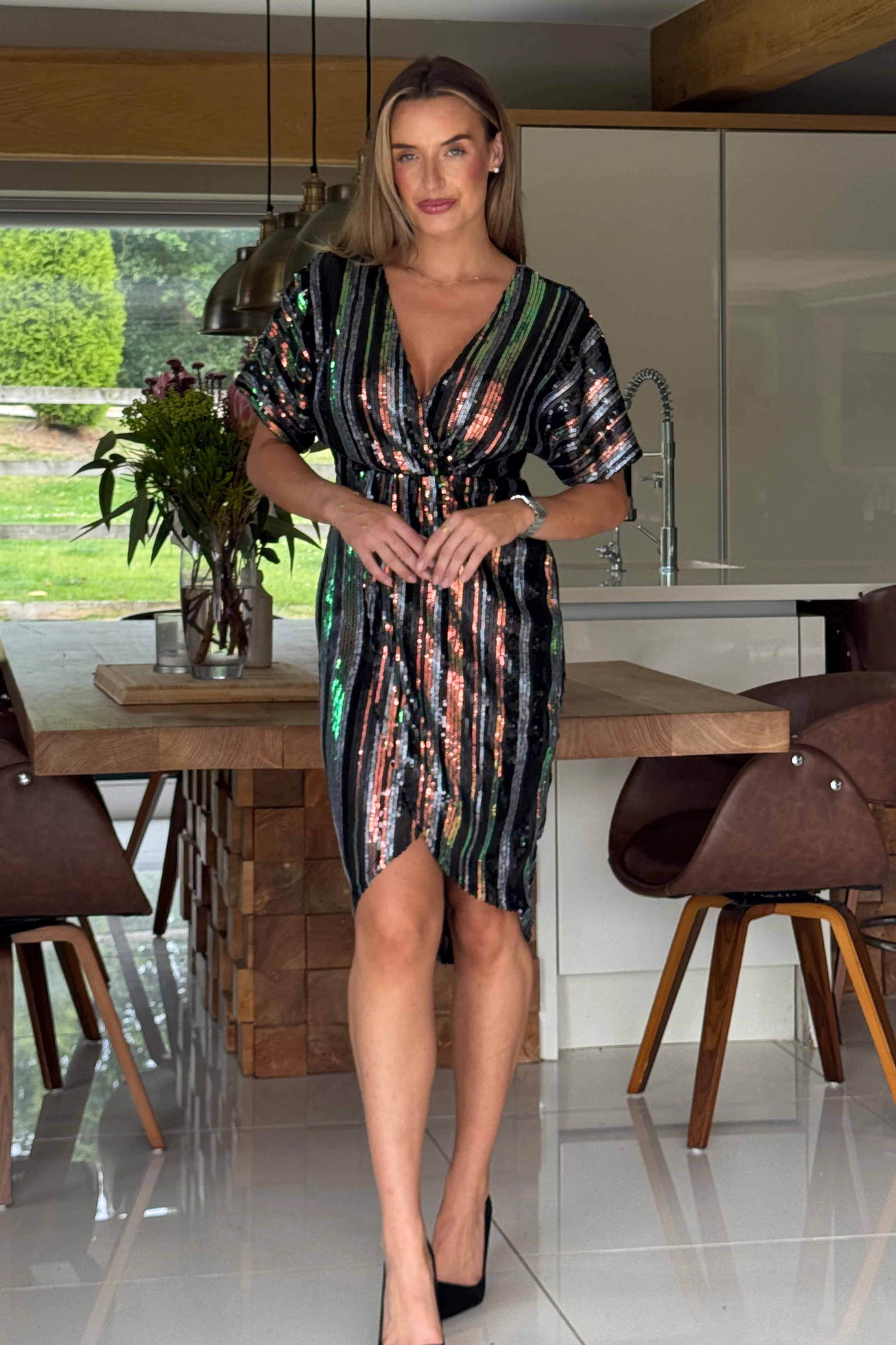 Novah Multi Stripe Sequin Wrap Detailing Midi Dress - Image 3