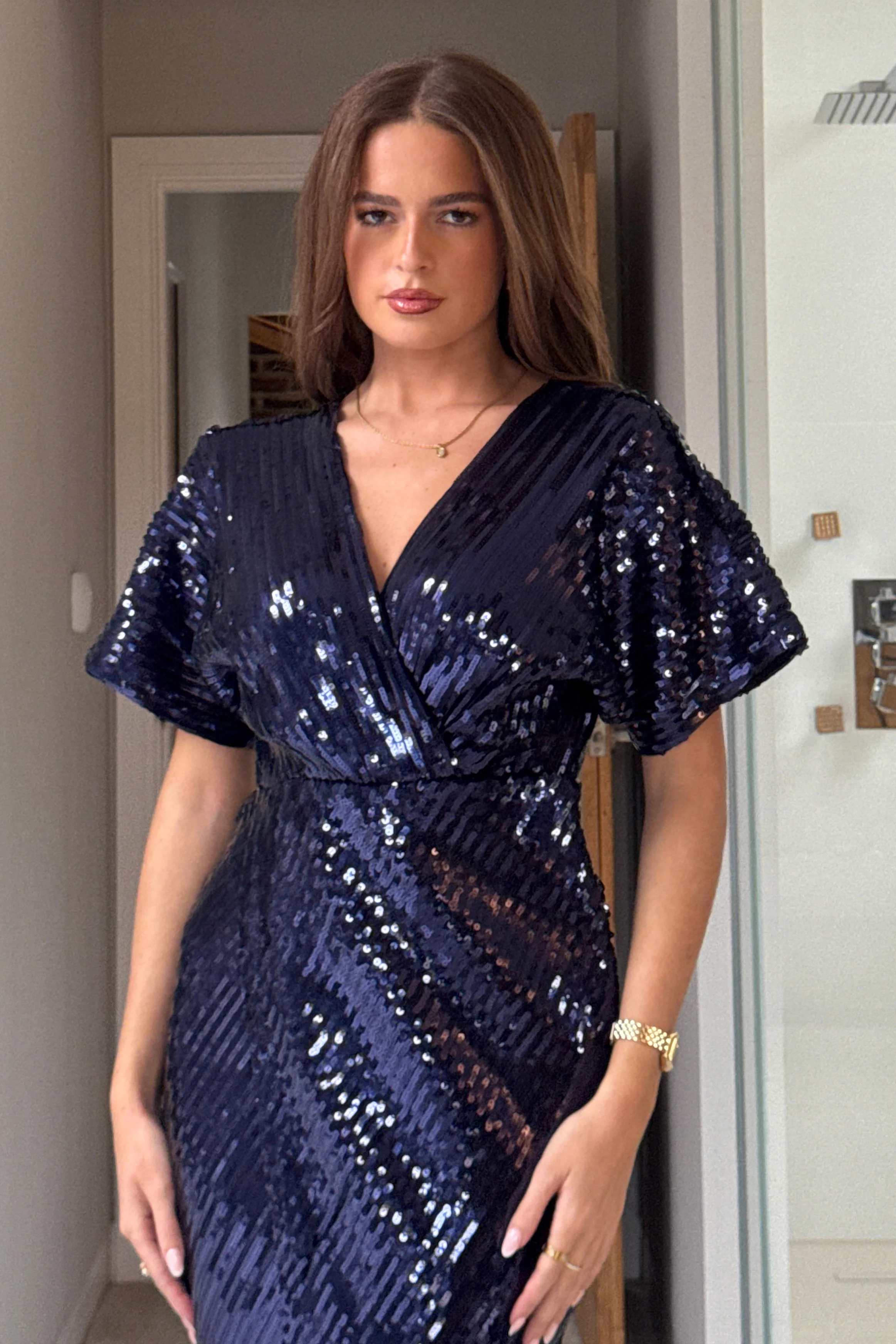 Novah Navy Sequin Wrap Detailing Midi Dress - Image 3