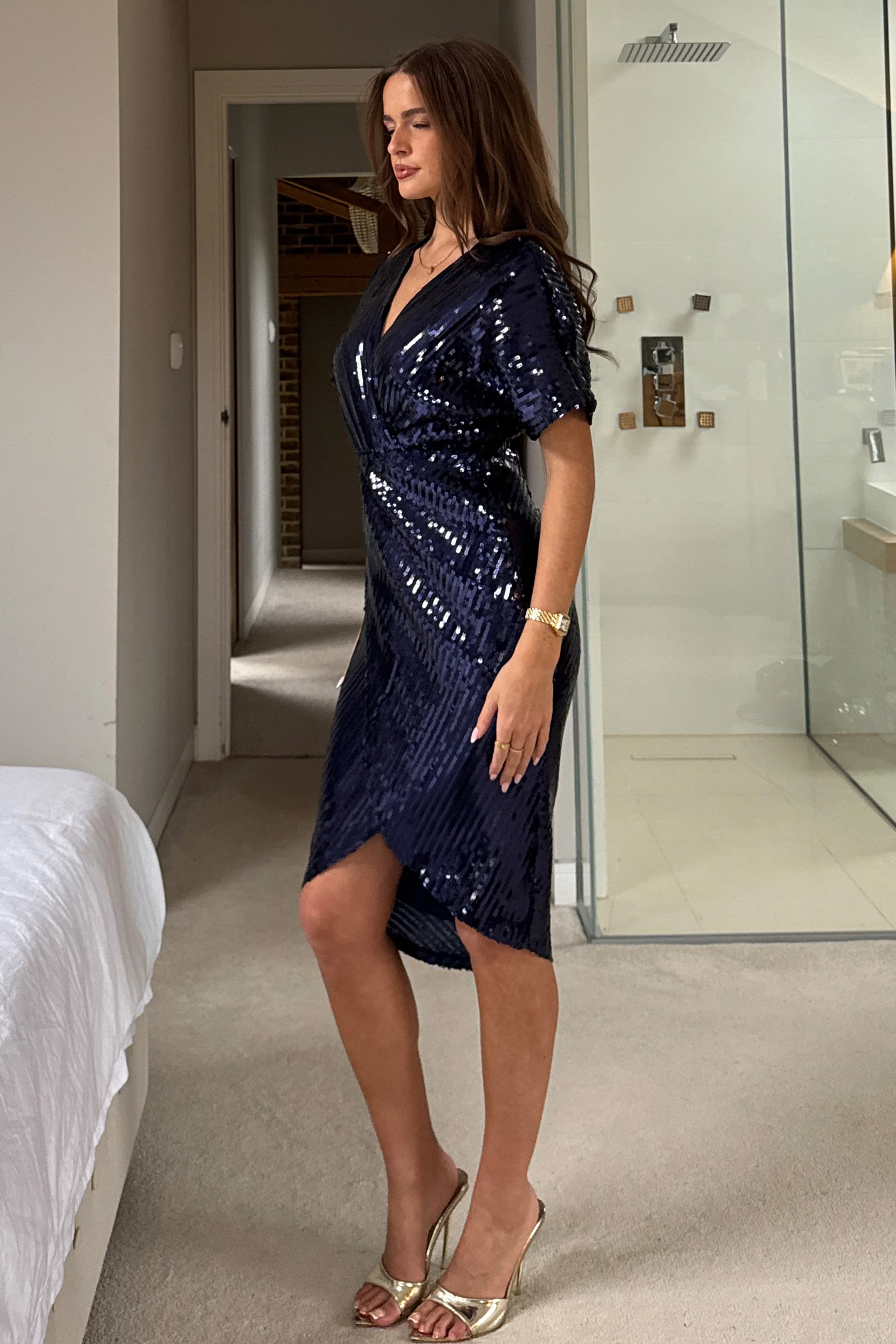 Novah Navy Sequin Wrap Detailing Midi Dress - Image 5