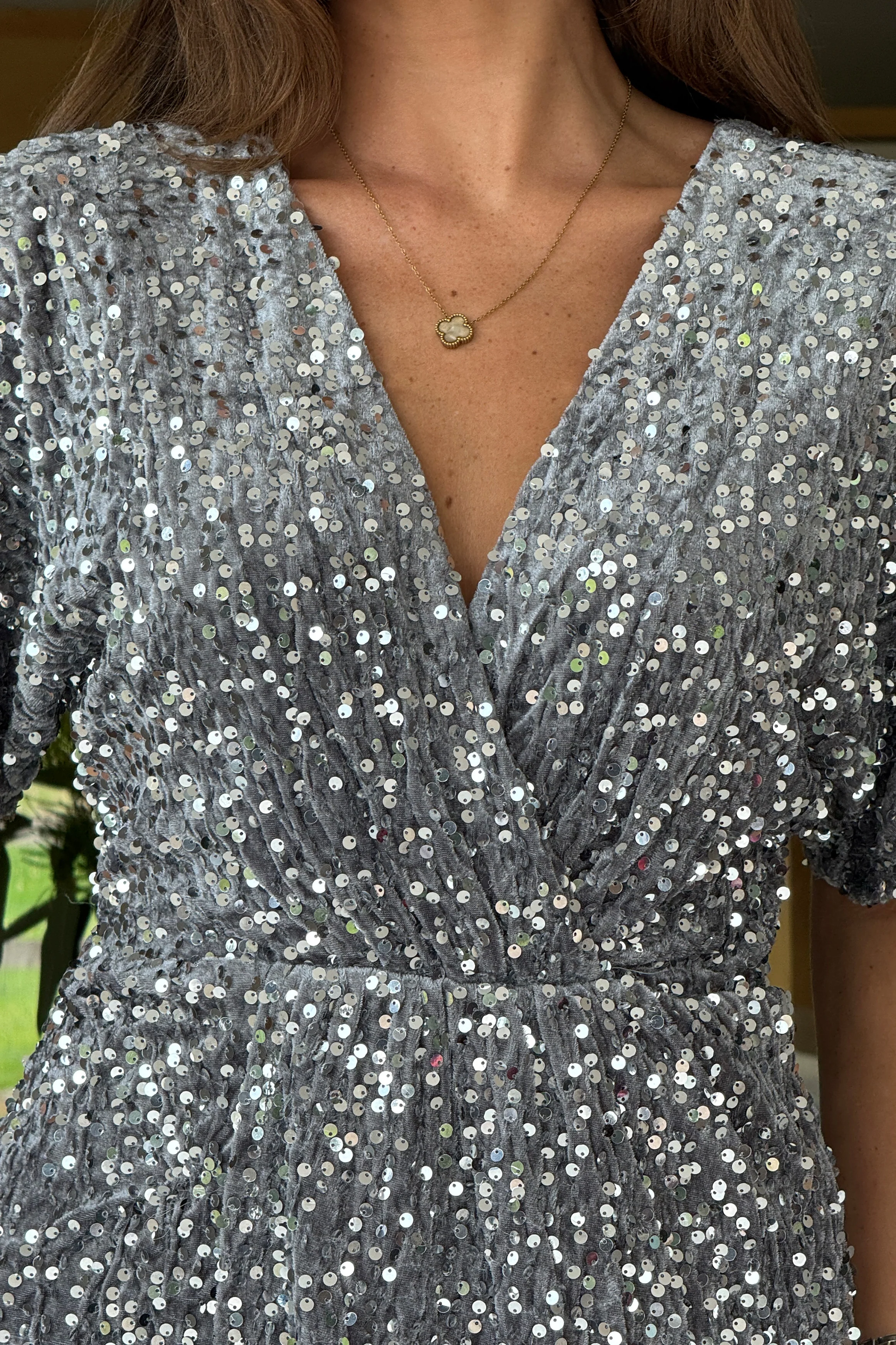 Novah Silver Velvet Sequin Wrap Detailing Midi Dress - Image 2