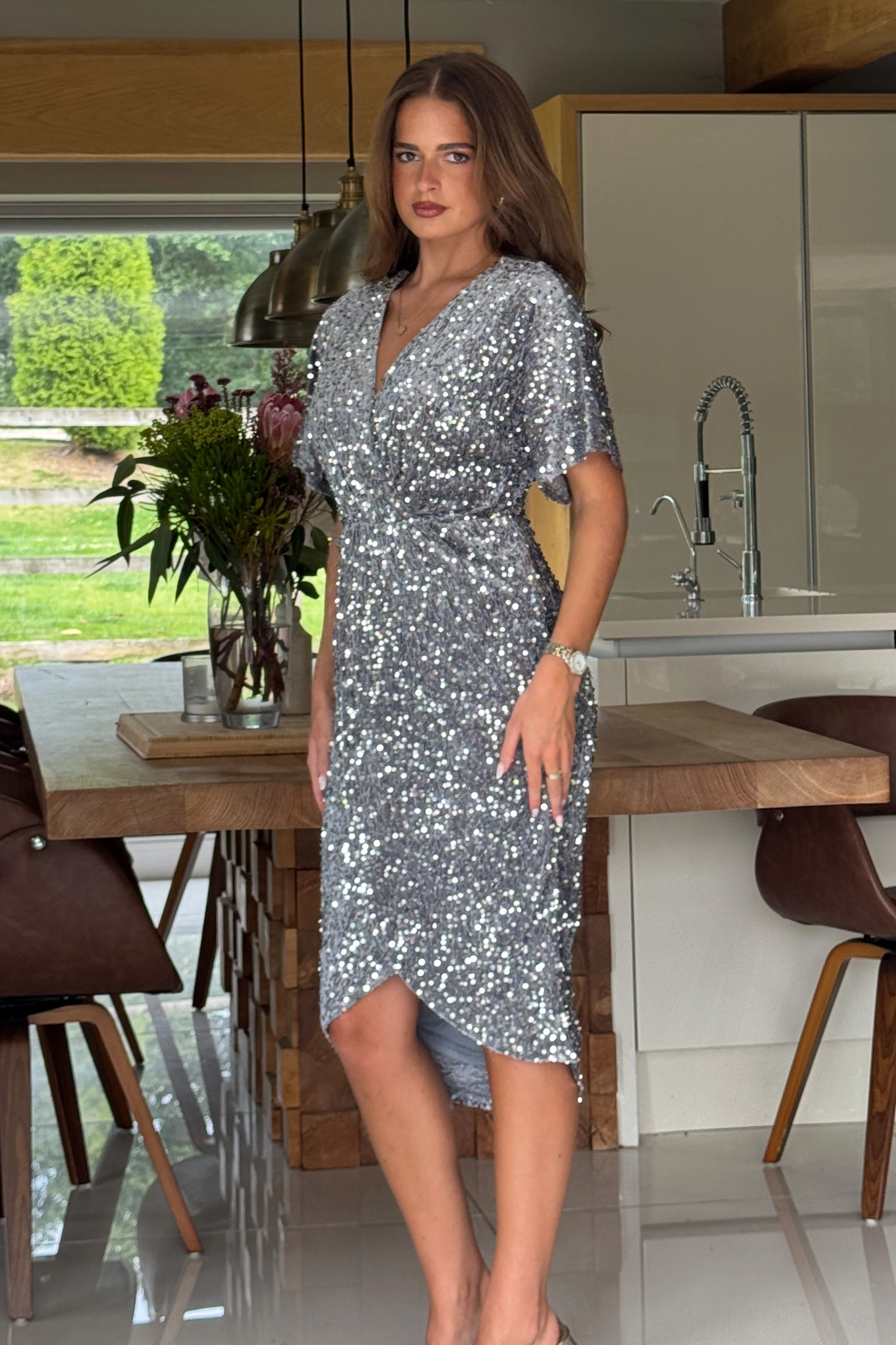Novah Silver Velvet Sequin Wrap Detailing Midi Dress - Image 3