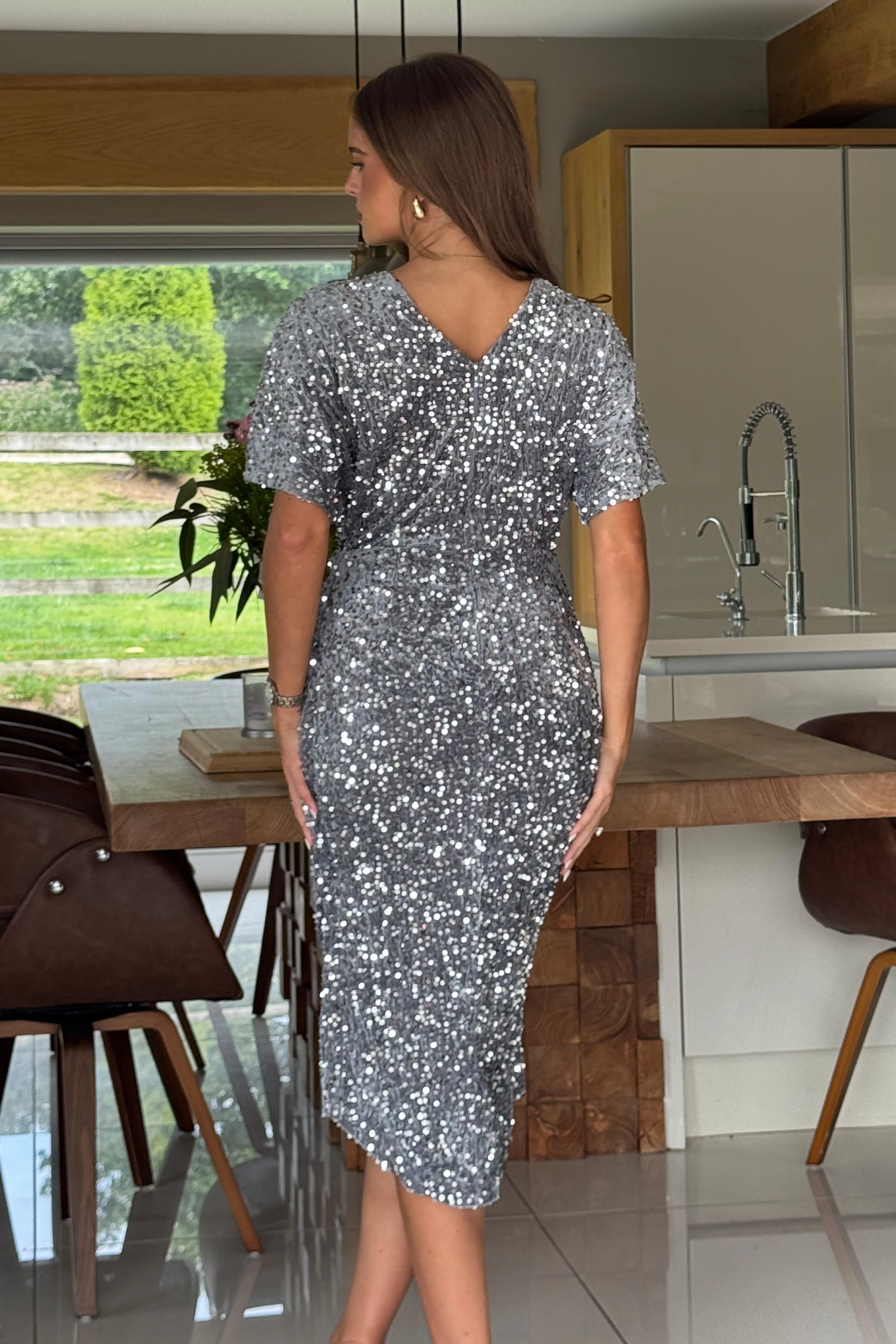 Novah Silver Velvet Sequin Wrap Detailing Midi Dress - Image 4