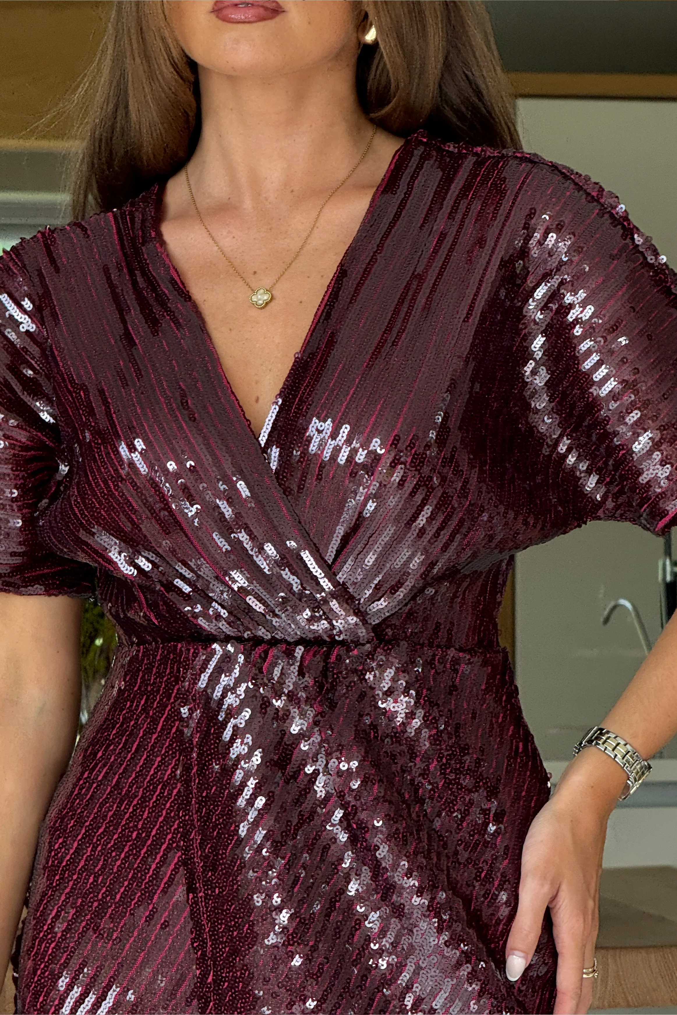 Novah Wine Sequin Wrap Detailing Midi Dress - Image 2