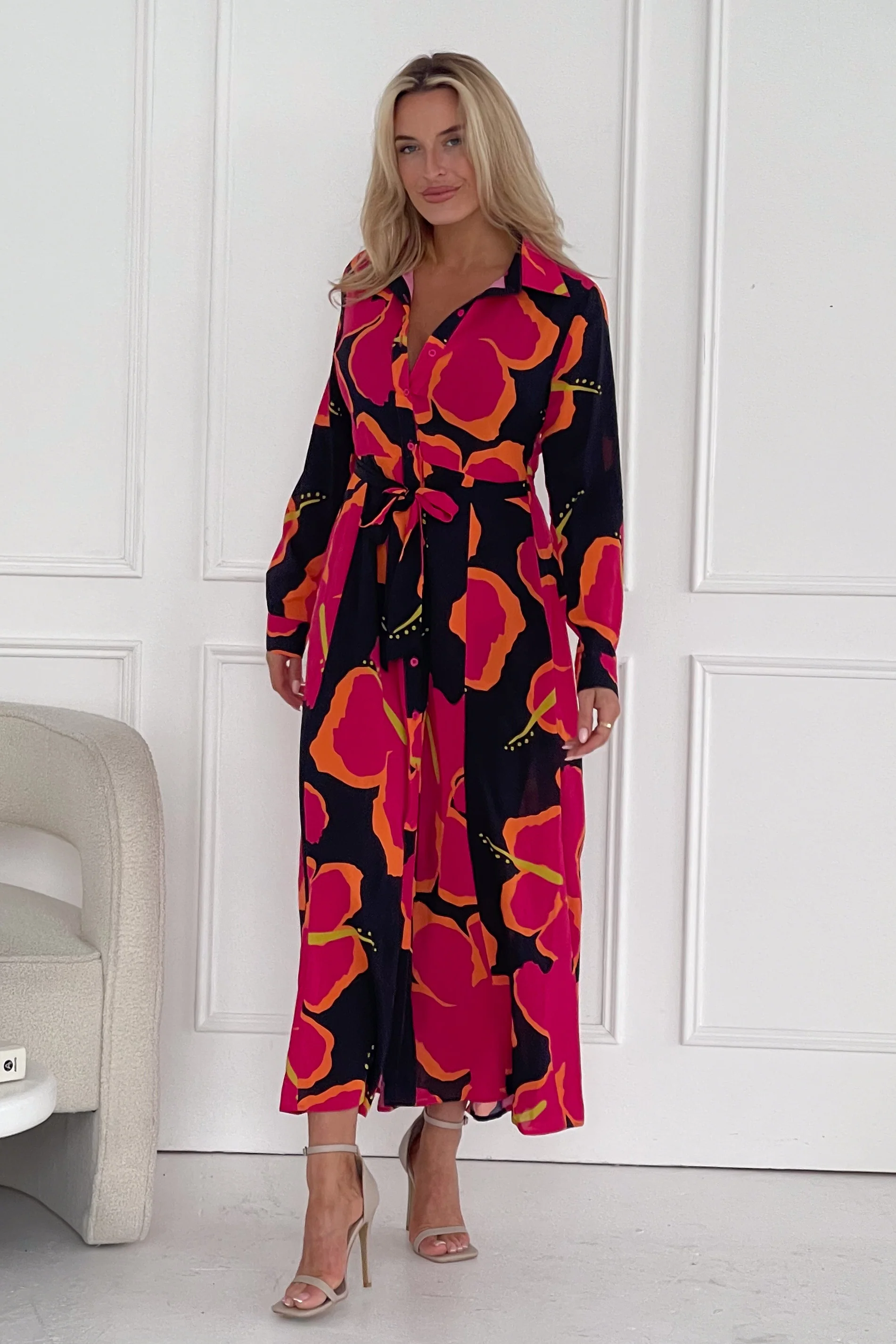 Brielle Pink Large Floral Shirt Maxi Dress - Image 3
