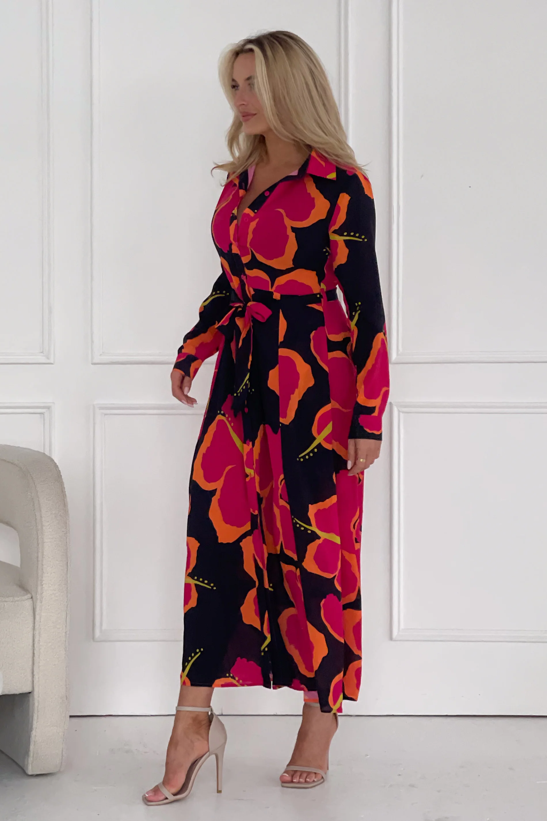 Brielle Pink Large Floral Shirt Maxi Dress - Image 5