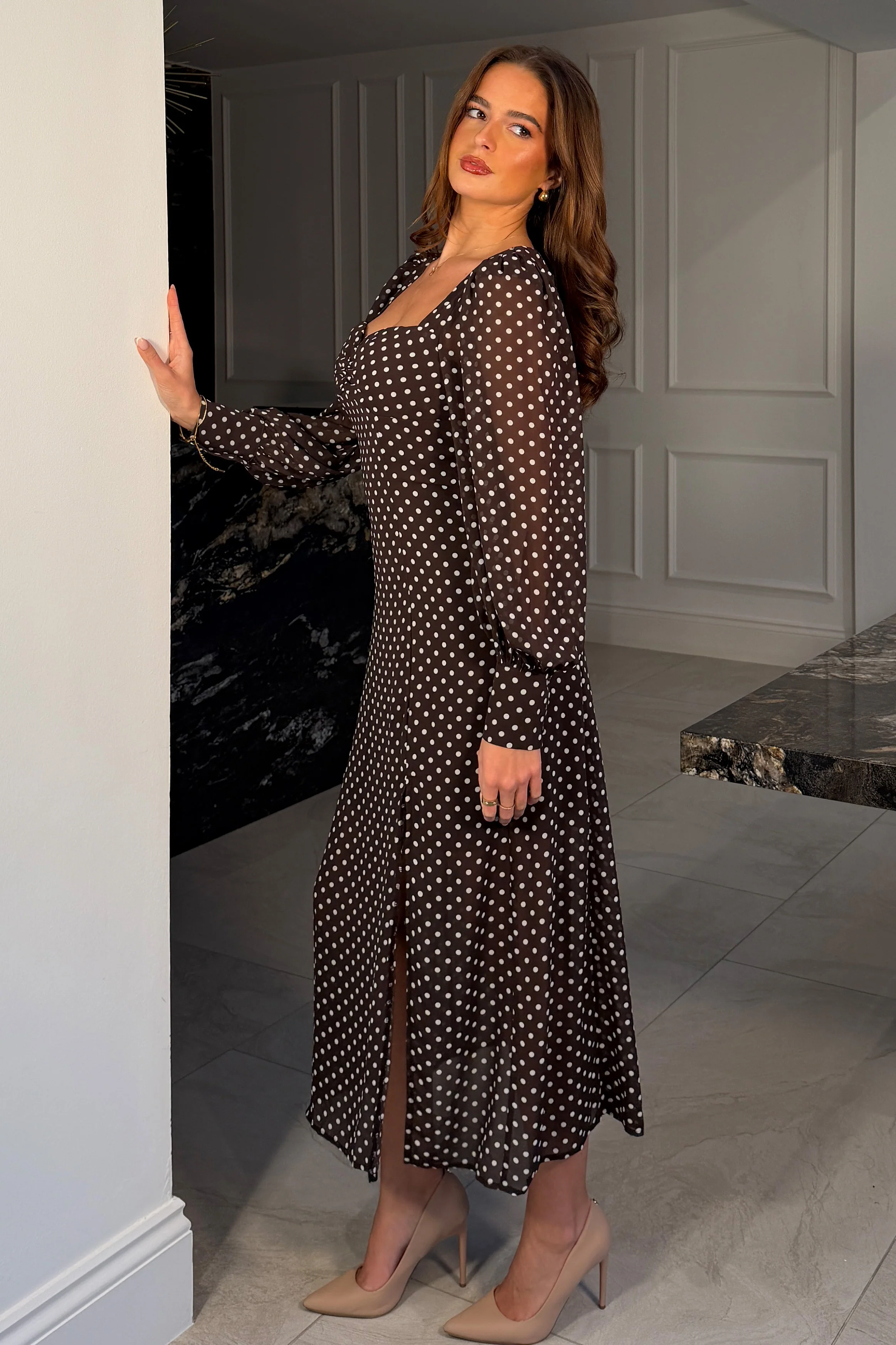 Olive Brown Polka Dot Sweetheart Long Sleeve Midi Dress - Image 3