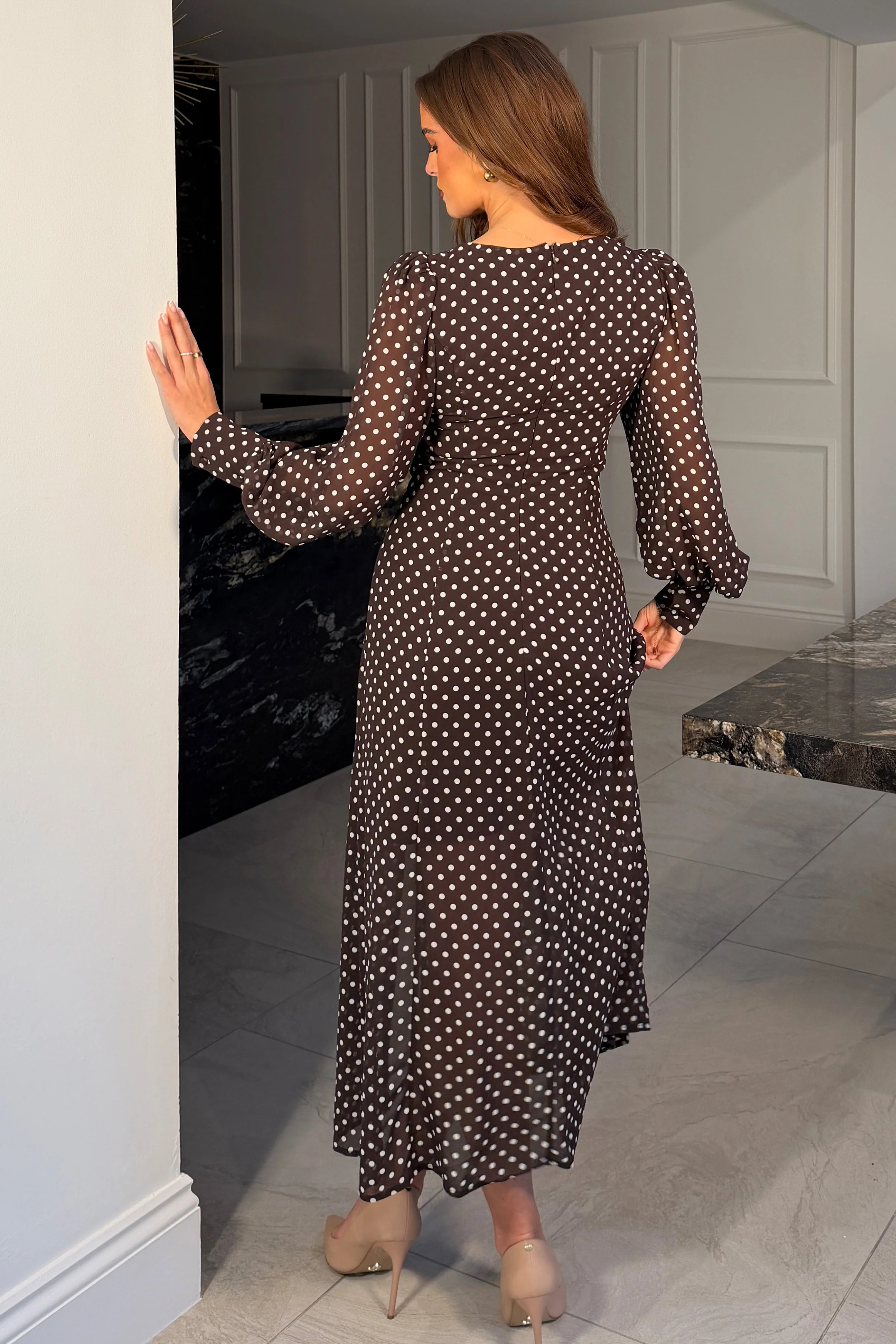 Olive Brown Polka Dot Sweetheart Long Sleeve Midi Dress - Image 4