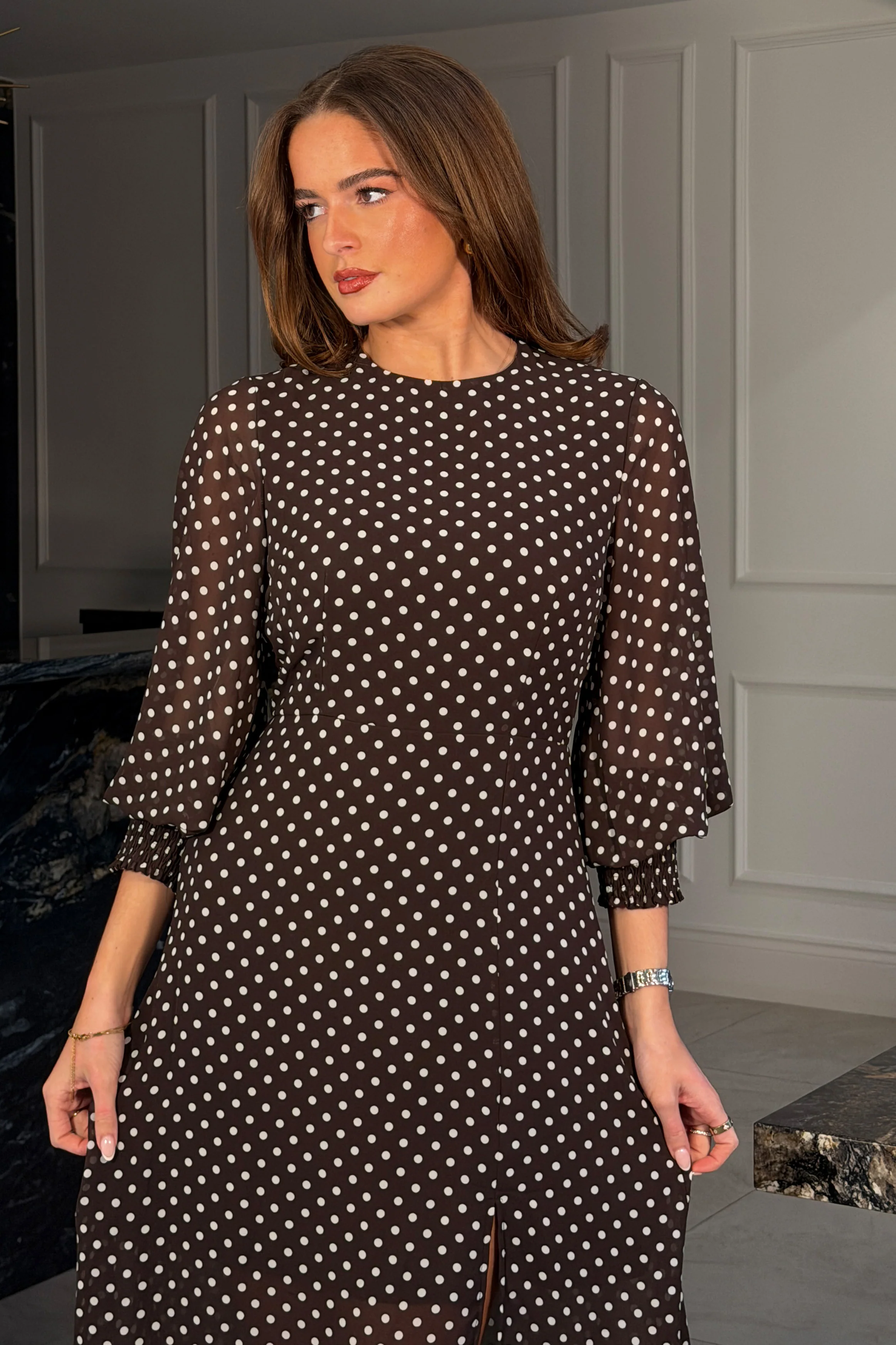 Oraya Shirred Sleeve Brown Spot Midi Dress - Image 2