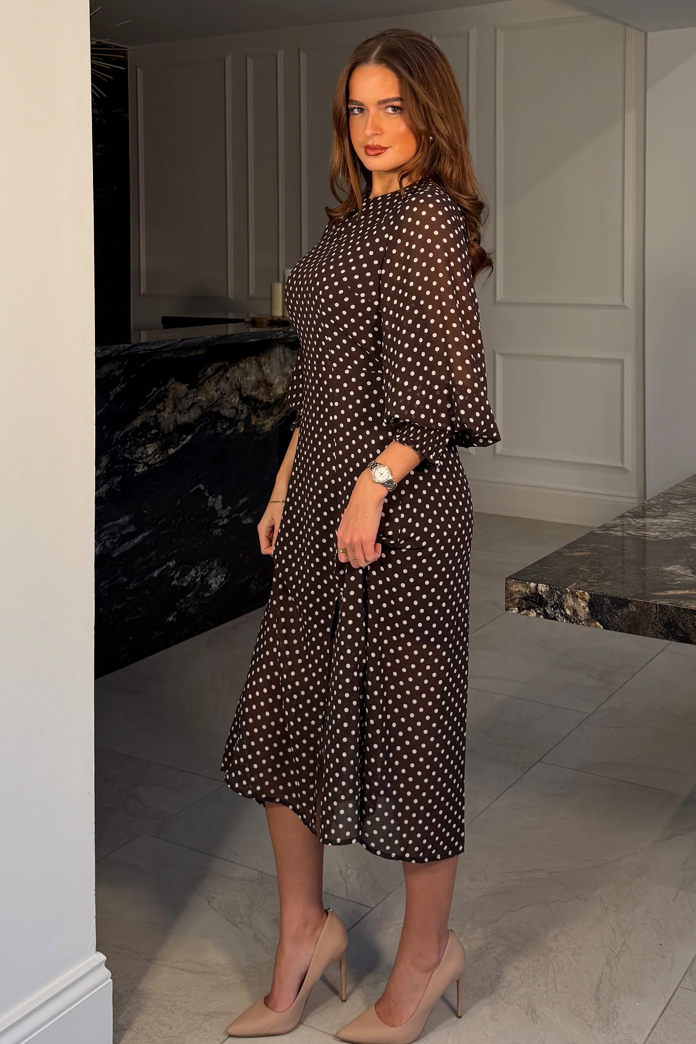 Oraya Shirred Sleeve Brown Spot Midi Dress - Image 4