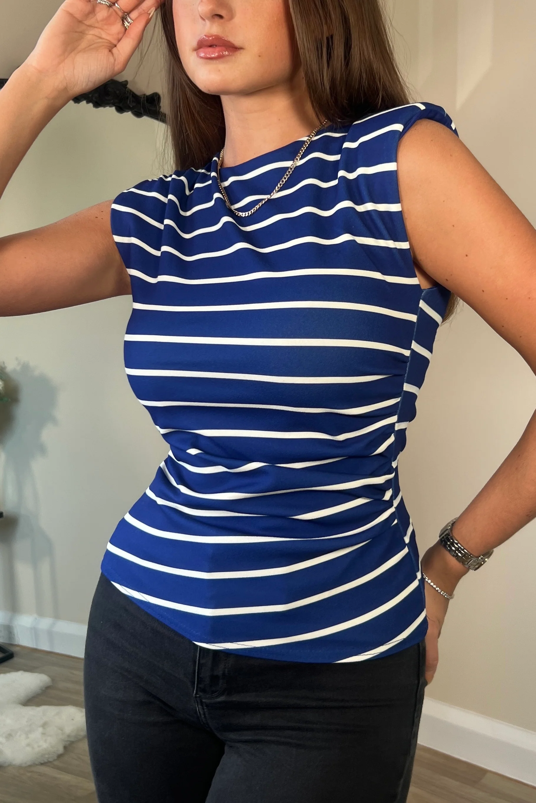 Pari Stripe Ruched Shoulder Pad Top Cobalt - Image 2