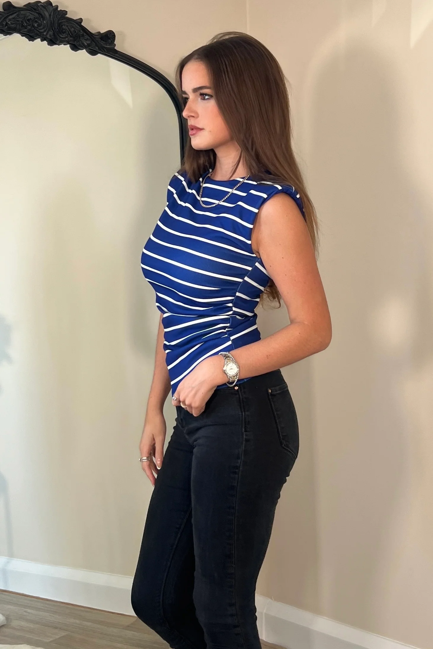 Pari Stripe Ruched Shoulder Pad Top Cobalt - Image 3