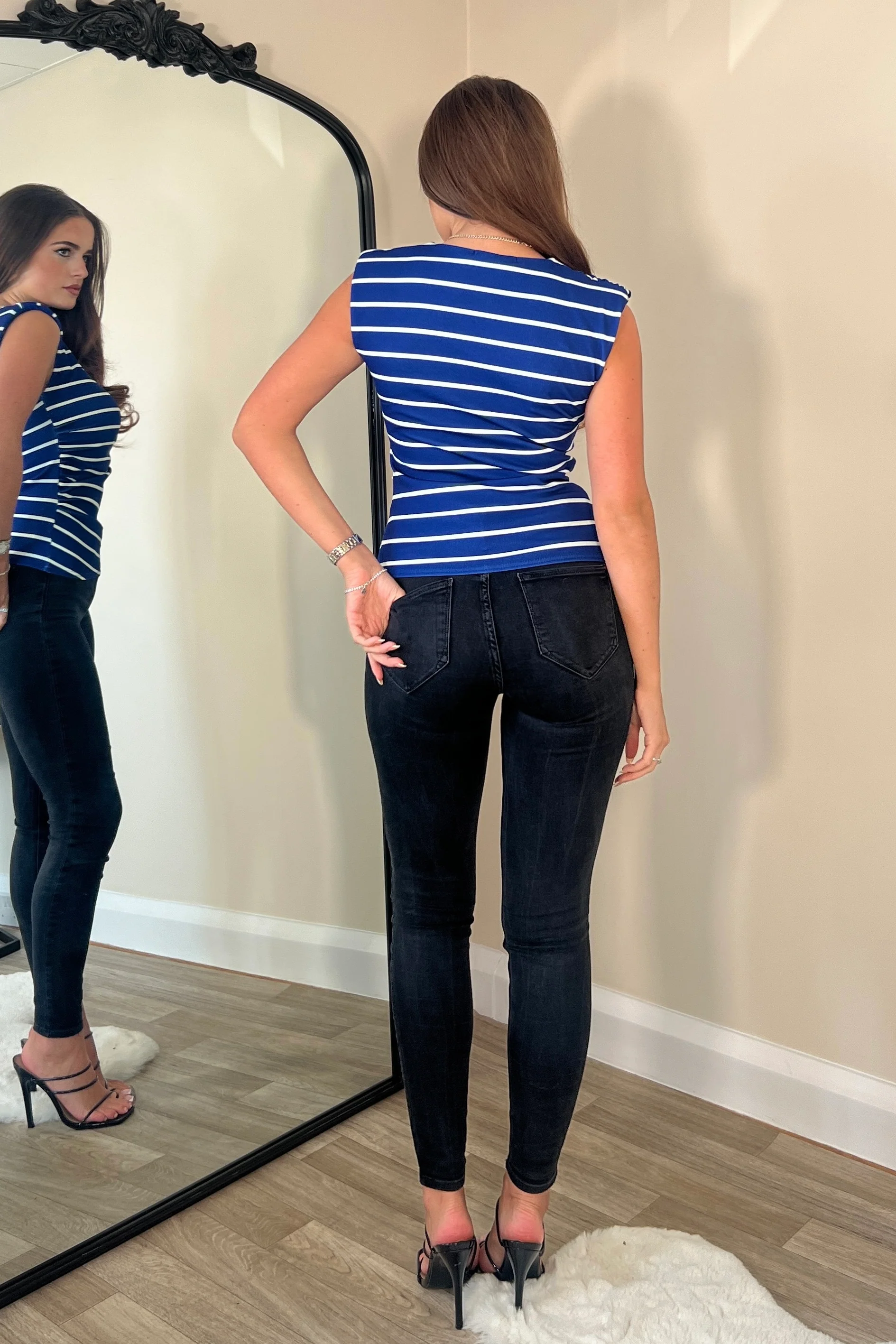 Pari Stripe Ruched Shoulder Pad Top Cobalt - Image 4