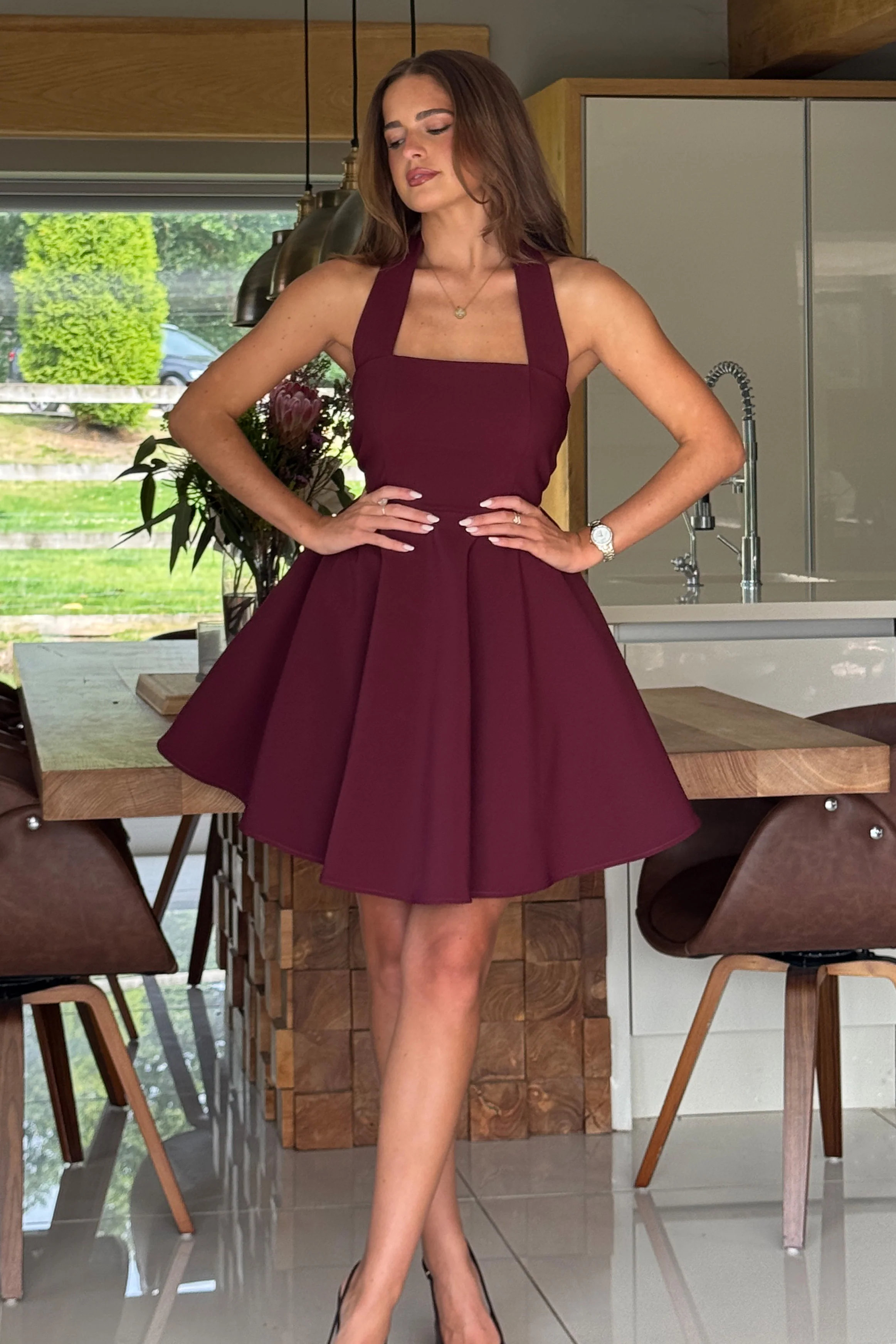 Pandora Halter Neck Mini Skater Dress Berry - Image 3