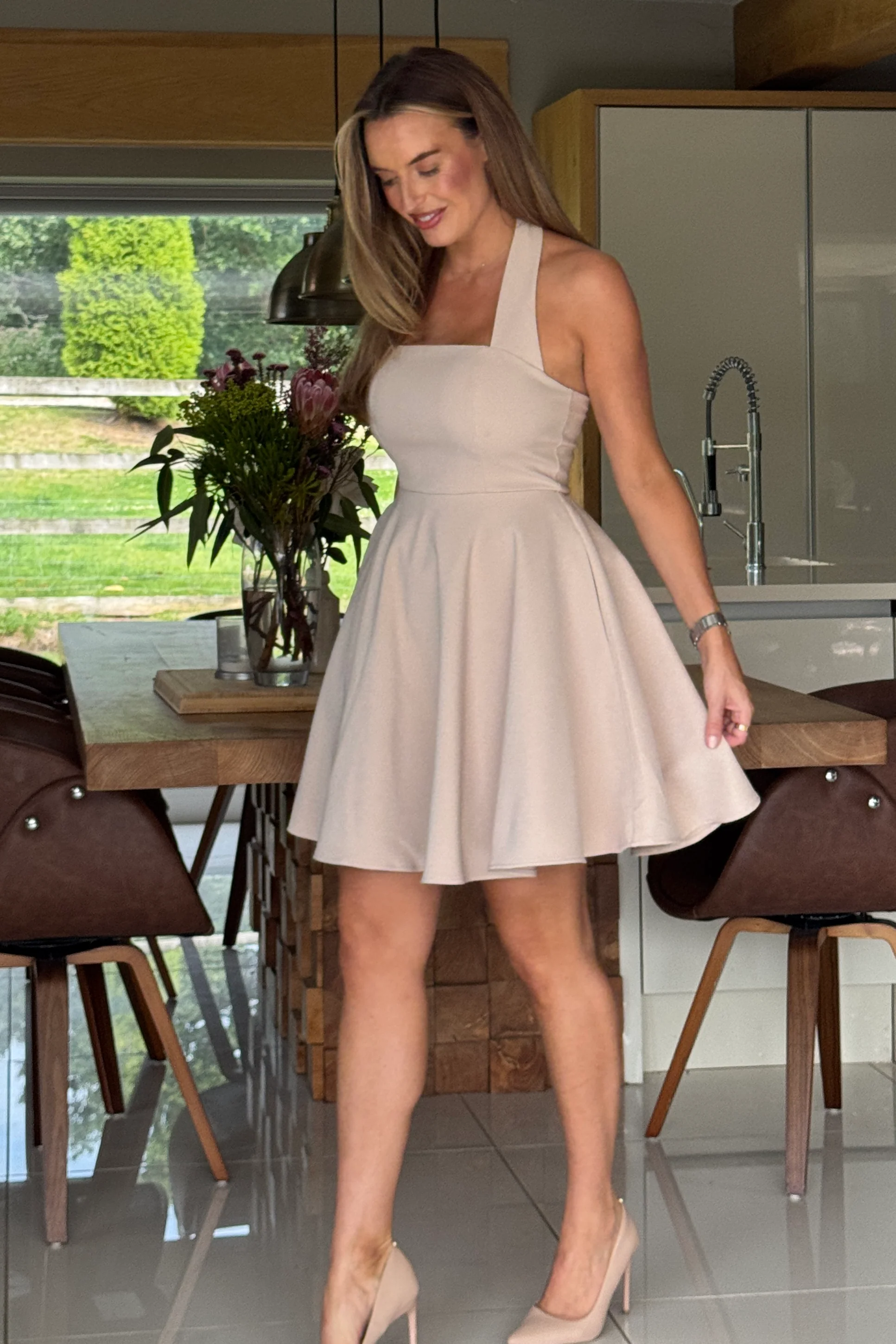 Pandora Halter Neck Mini Skater Dress Stone - Image 4
