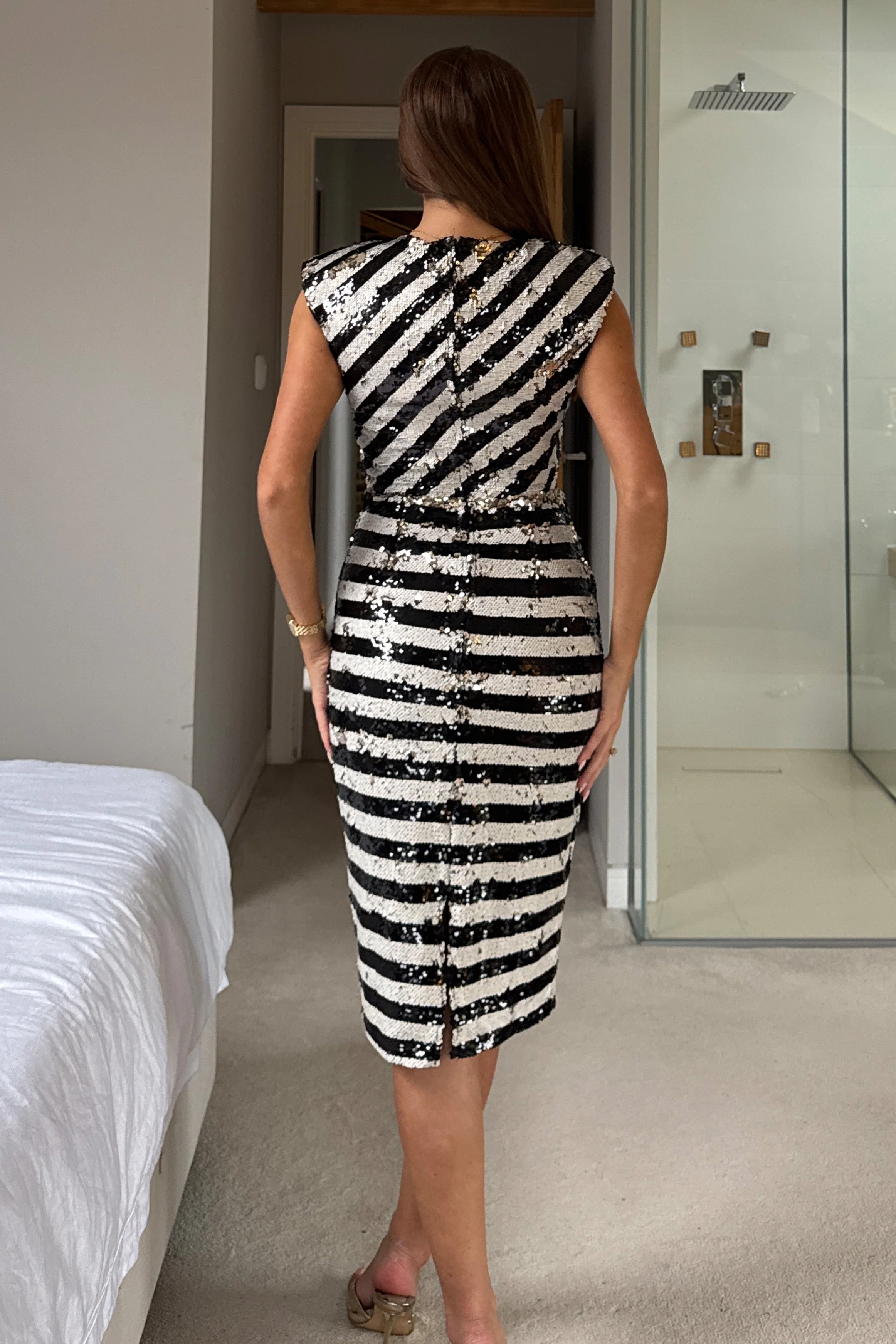 Pari Sequin Stripe Shoulder Pads Midi Dress - Image 5