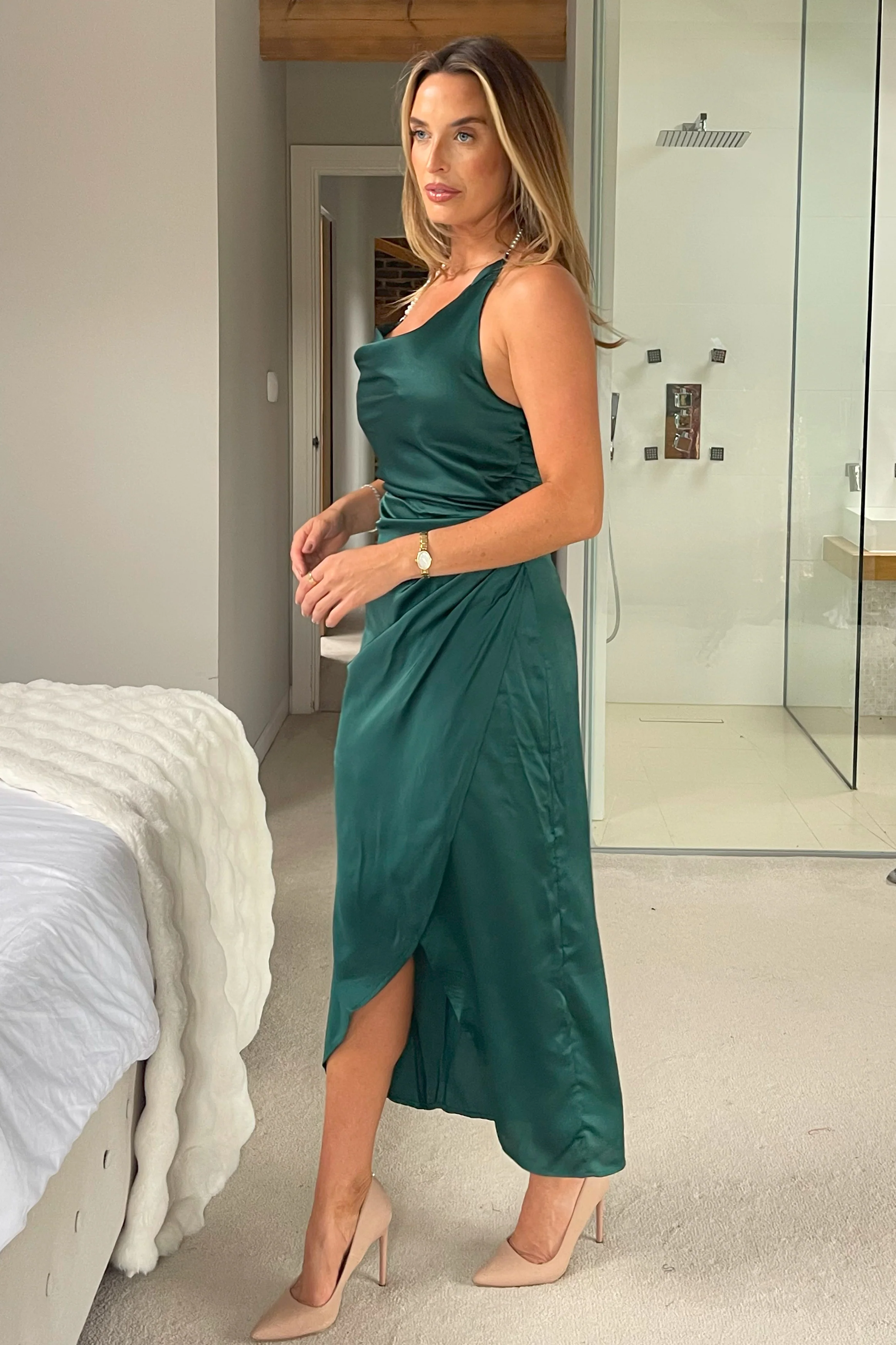 Pearl Neck Ruched Waist Dress Green - Image 3