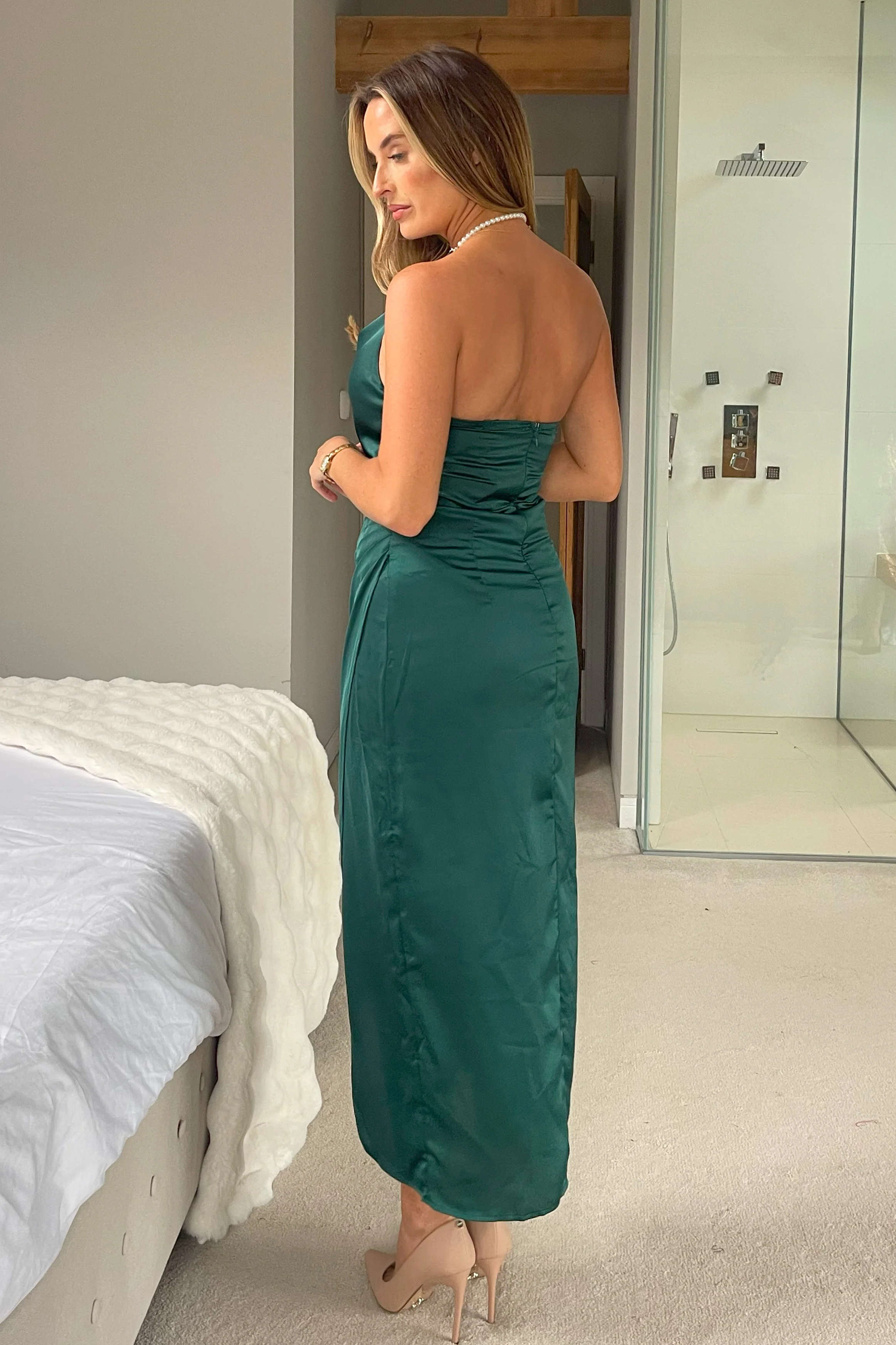 Pearl Neck Ruched Waist Dress Green - Image 4
