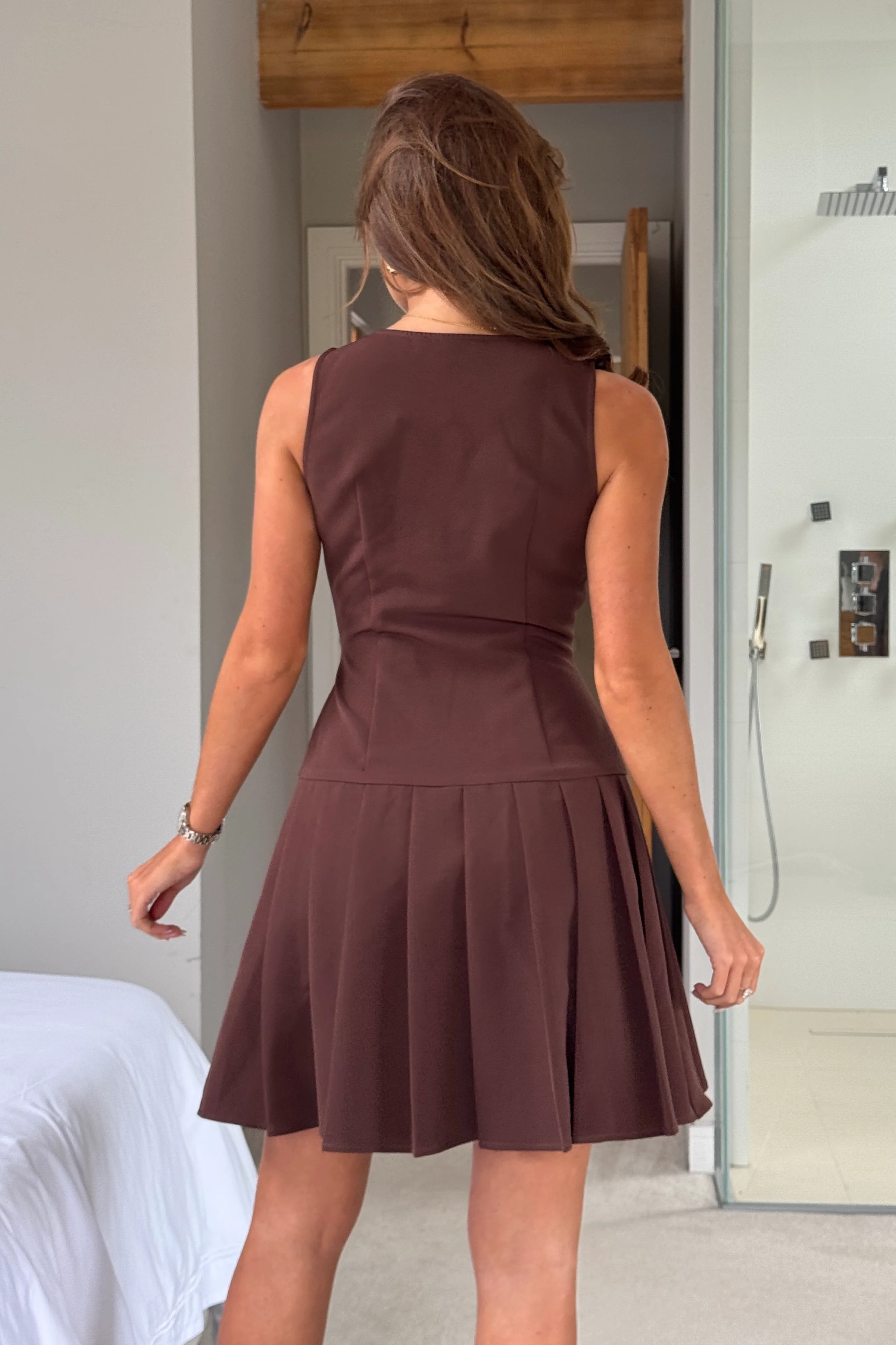 Penelope Tailored Pleated Mini Dress Brown - Image 6
