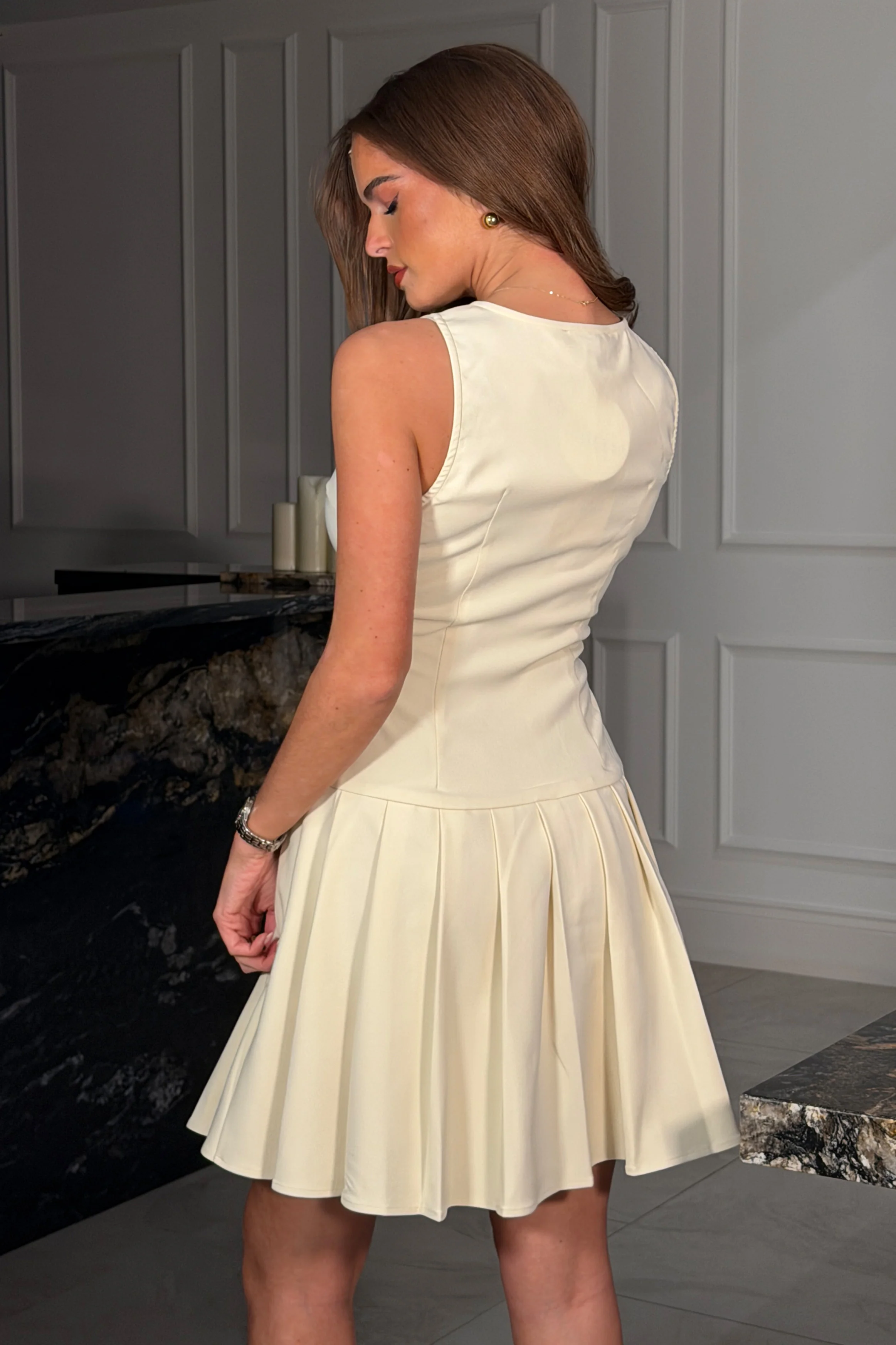 Penelope Tailored Pleated Mini Dress Cream - Image 5