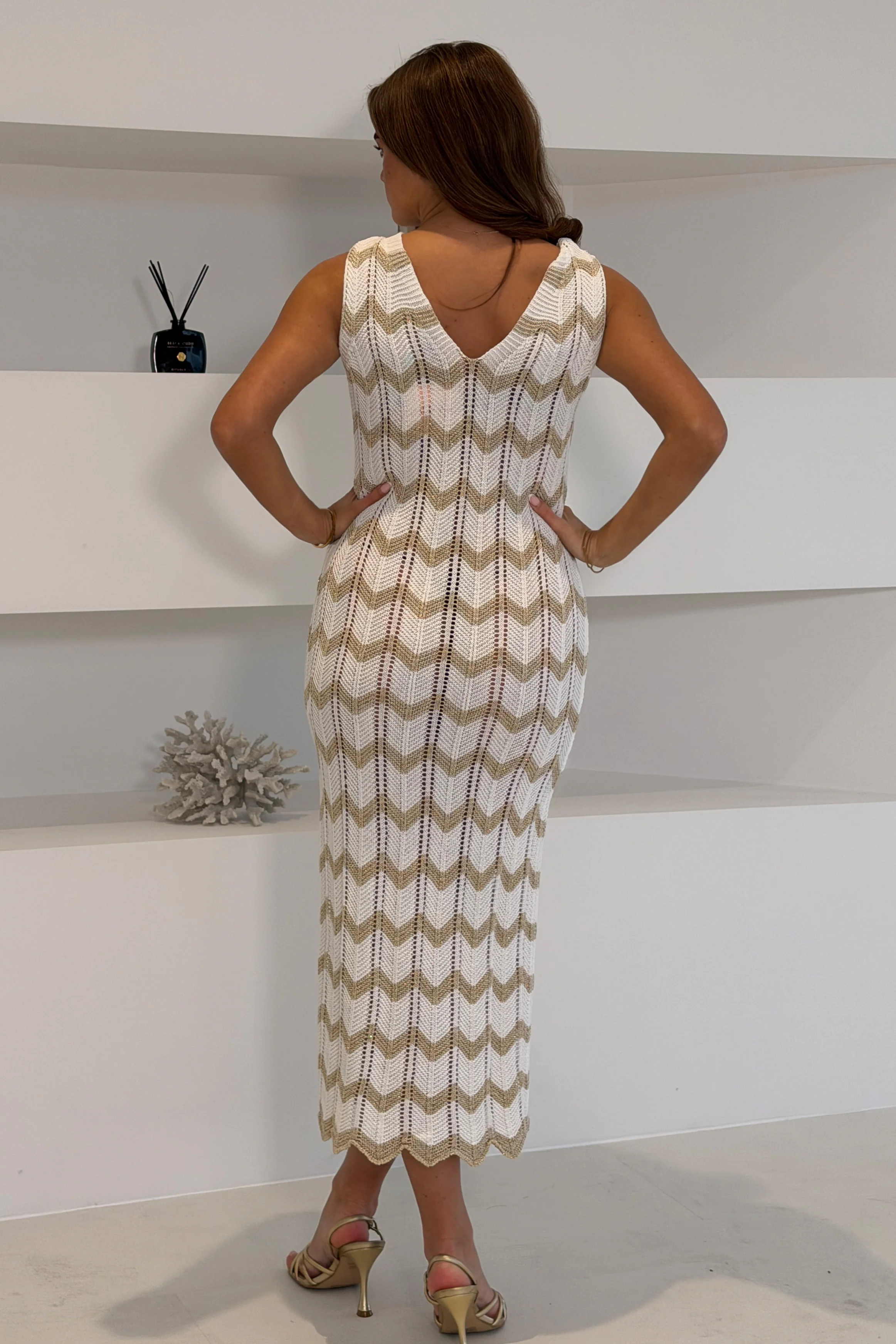 Perla Gold Crochet Chevron V Neck Maxi Dress - Image 4