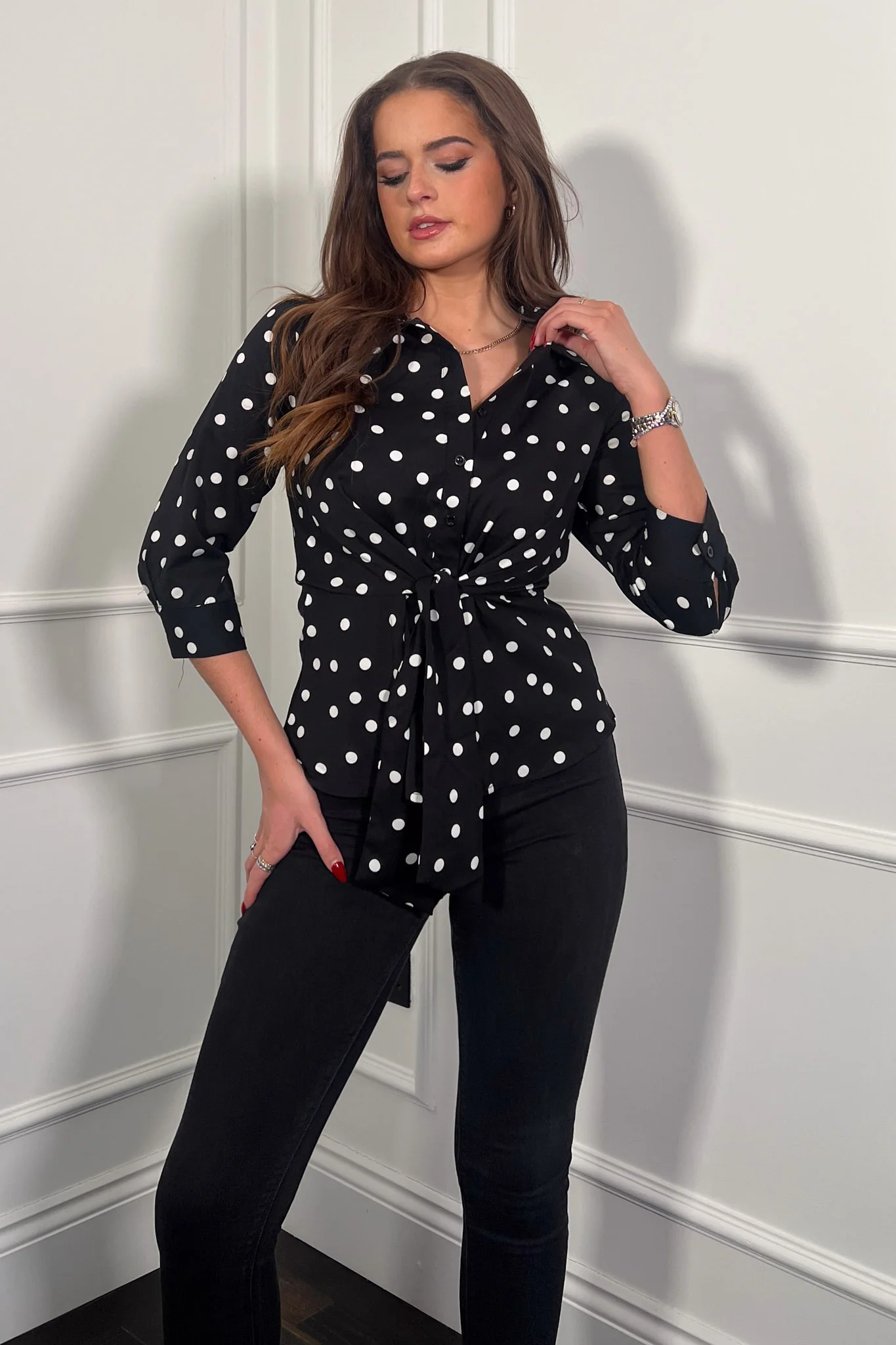 Philippa Tie Front Collar Shirt Black Polka - Image 2