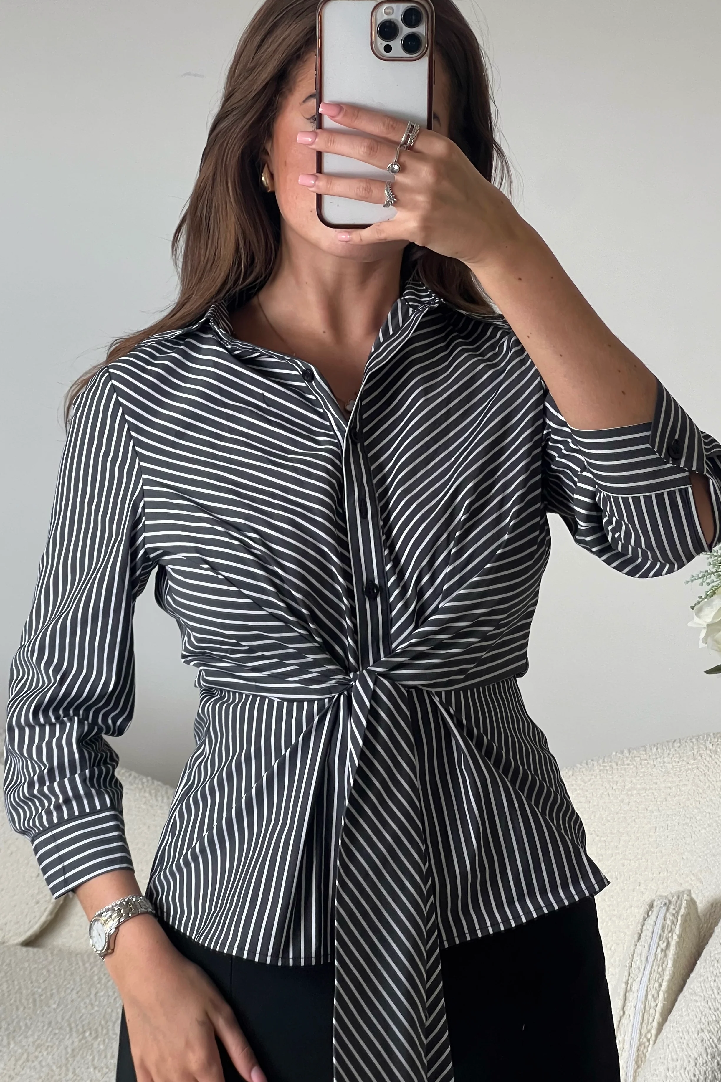Philippa Tie Front Collar Shirt Black Stripe - Image 2