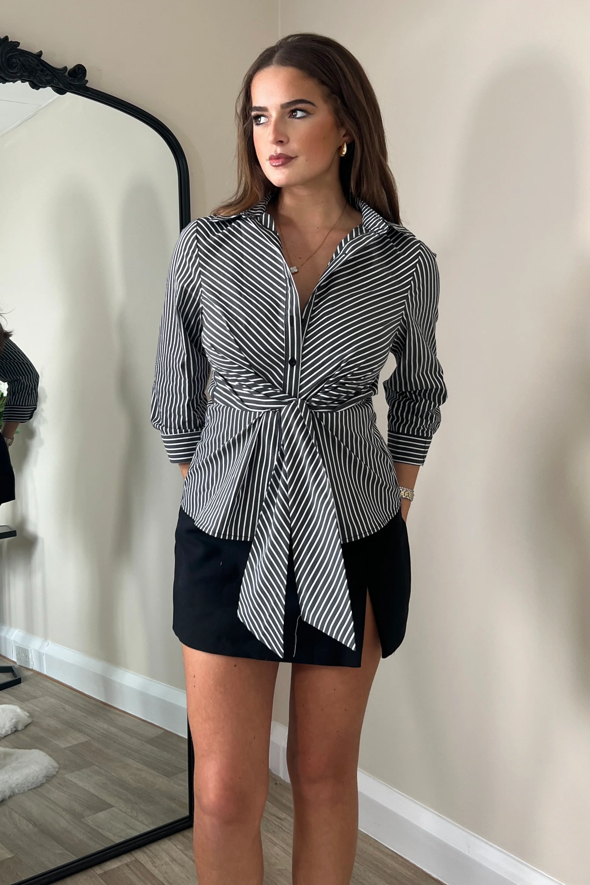Philippa Tie Front Collar Shirt Black Stripe - Image 3